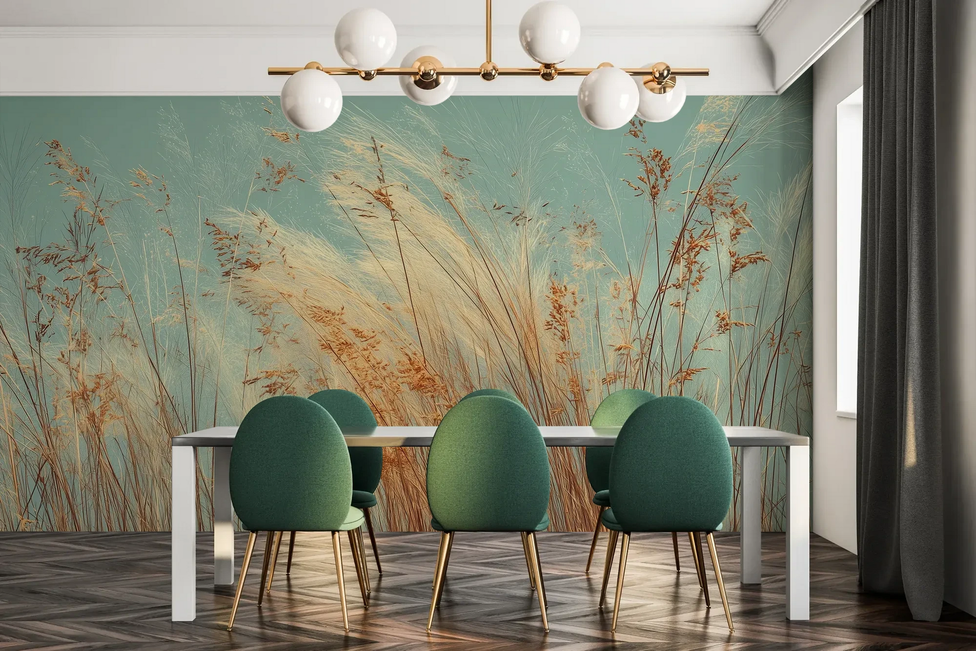 Fototapeta PASTEL HORIZON - tapeta z delikatną trawą na turkusowym tle pokazana w aranżacji jadalni.