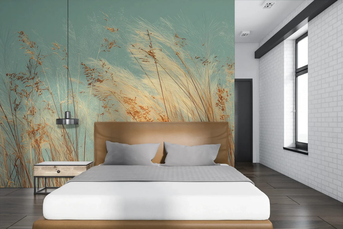 Wzór fototapety PASTEL HORIZON - tapeta z delikatną trawą na turkusowym tle pokazanej w aranżacji sypialni.