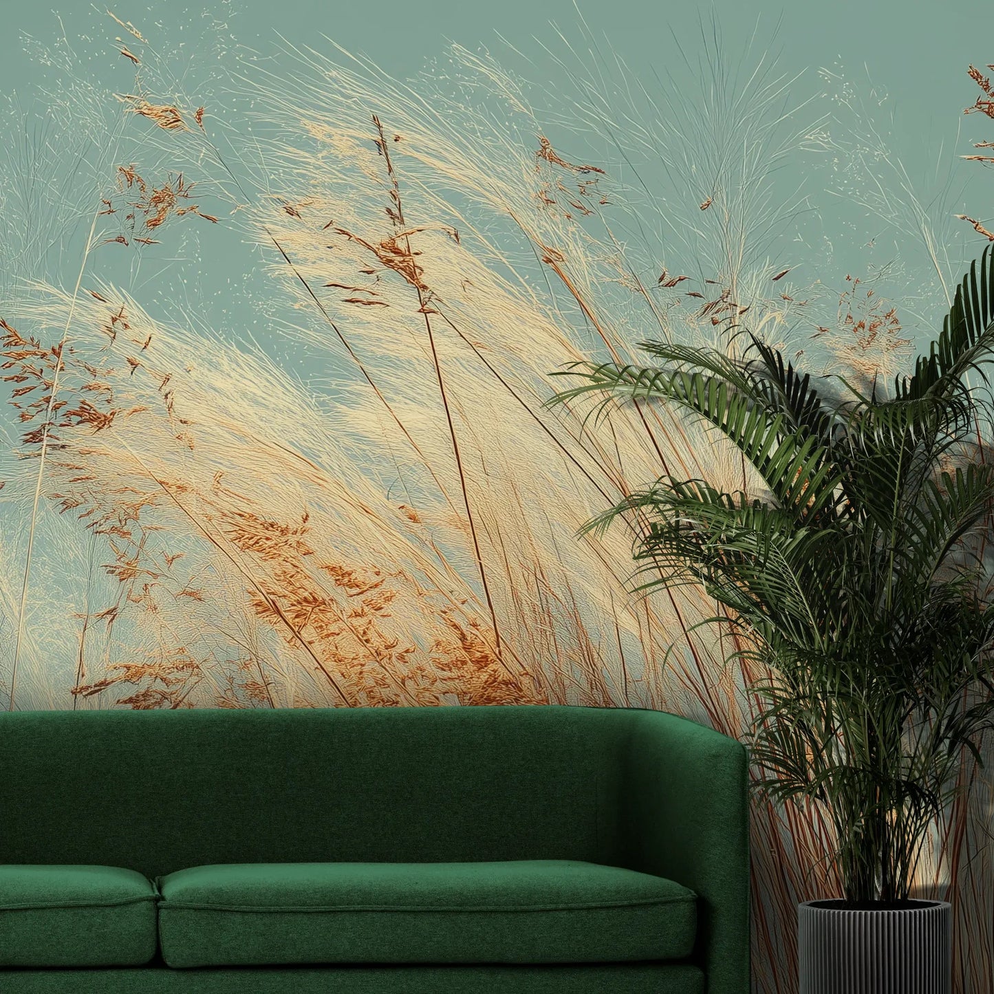 Fototapeta PASTEL HORIZON - tapeta z delikatną trawą na turkusowym tle pokazana w aranżacji wnętrza z akcentem na ścianie.