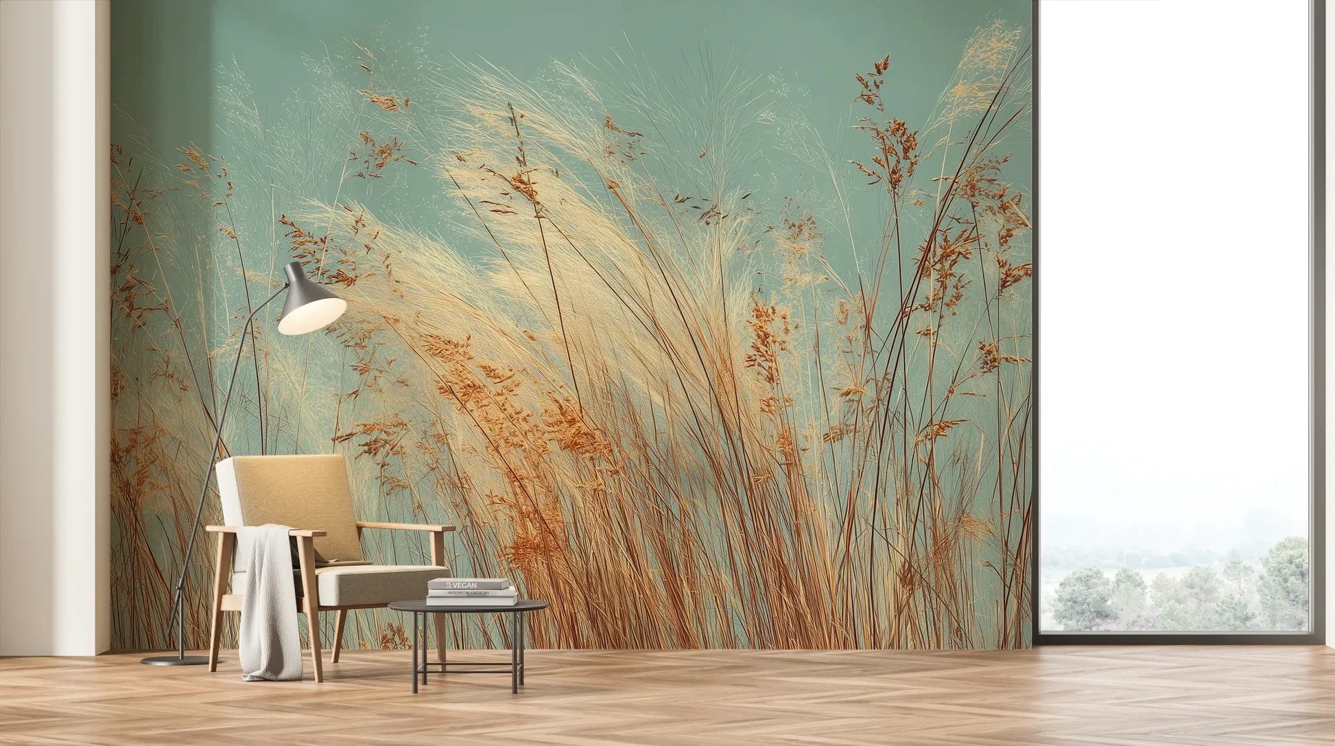 Wzór fototapety PASTEL HORIZON - tapeta z delikatną trawą na turkusowym tle pokazanej w aranżacji salonu.