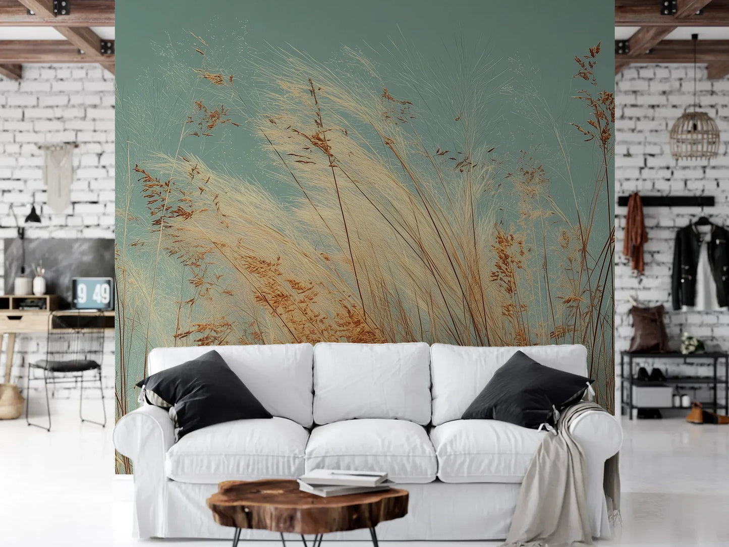 Wzór fototapety PASTEL HORIZON - tapeta z delikatną trawą na turkusowym tle pokazanej w aranżacji salonu.