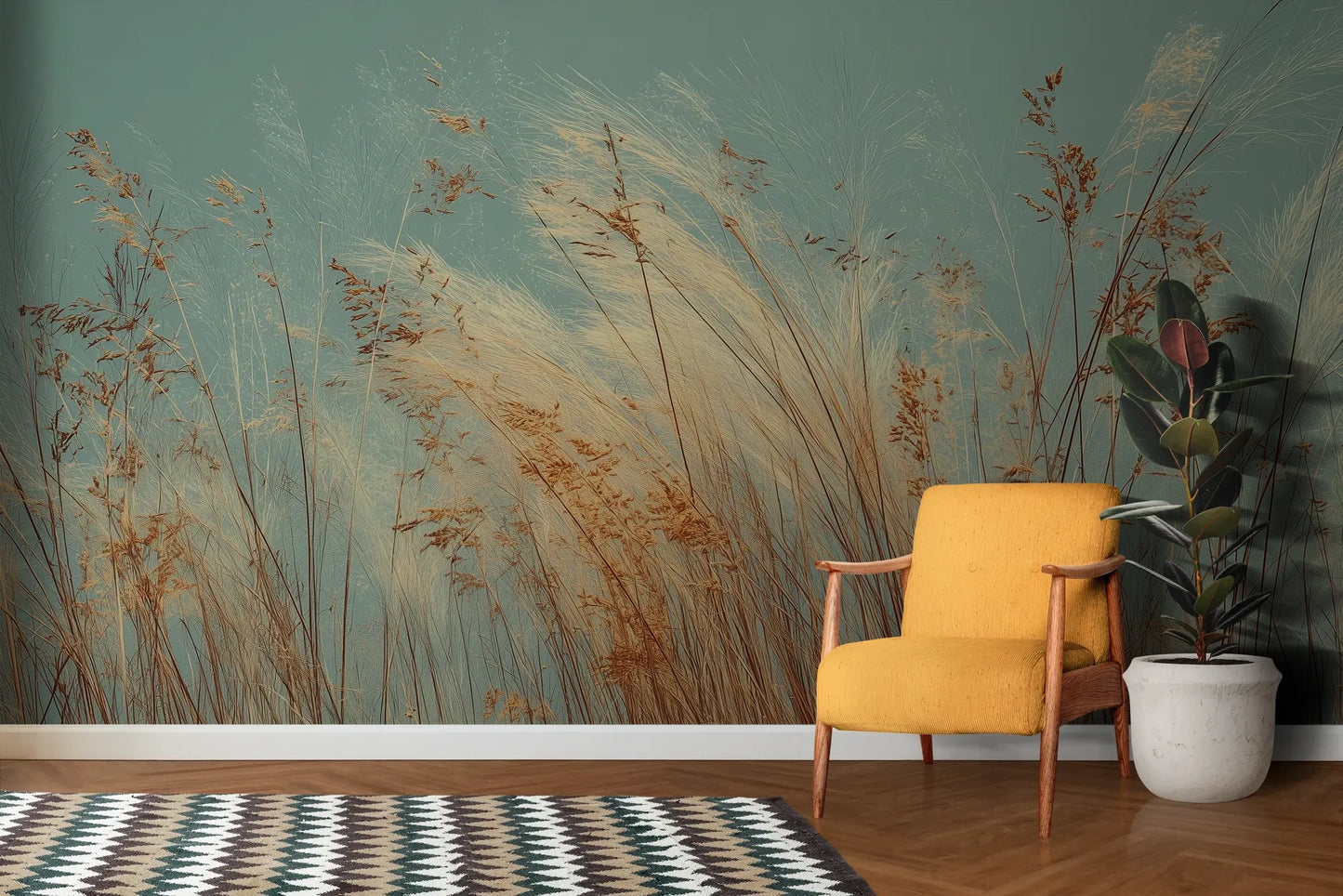 Wzór fototapety PASTEL HORIZON - tapeta z delikatną trawą na turkusowym tle pokazanej w aranżacji salonu.