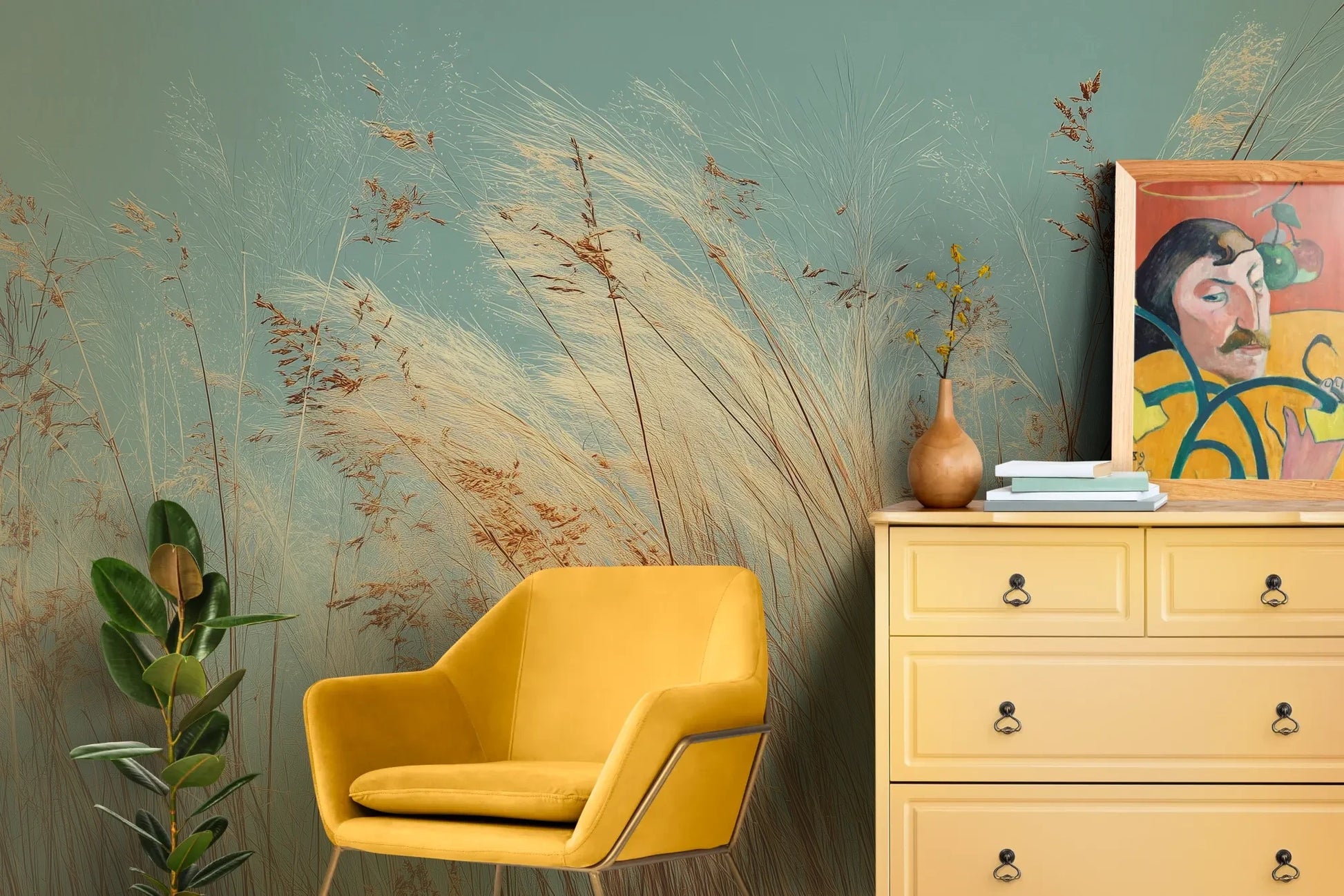 Wzór fototapety PASTEL HORIZON - tapeta z delikatną trawą na turkusowym tle pokazanej w aranżacji salonu.