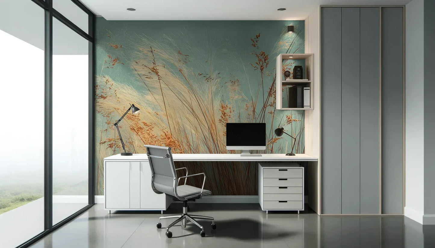 Fototapeta PASTEL HORIZON - tapeta z delikatną trawą na turkusowym tle pokazana w aranżacji biura.