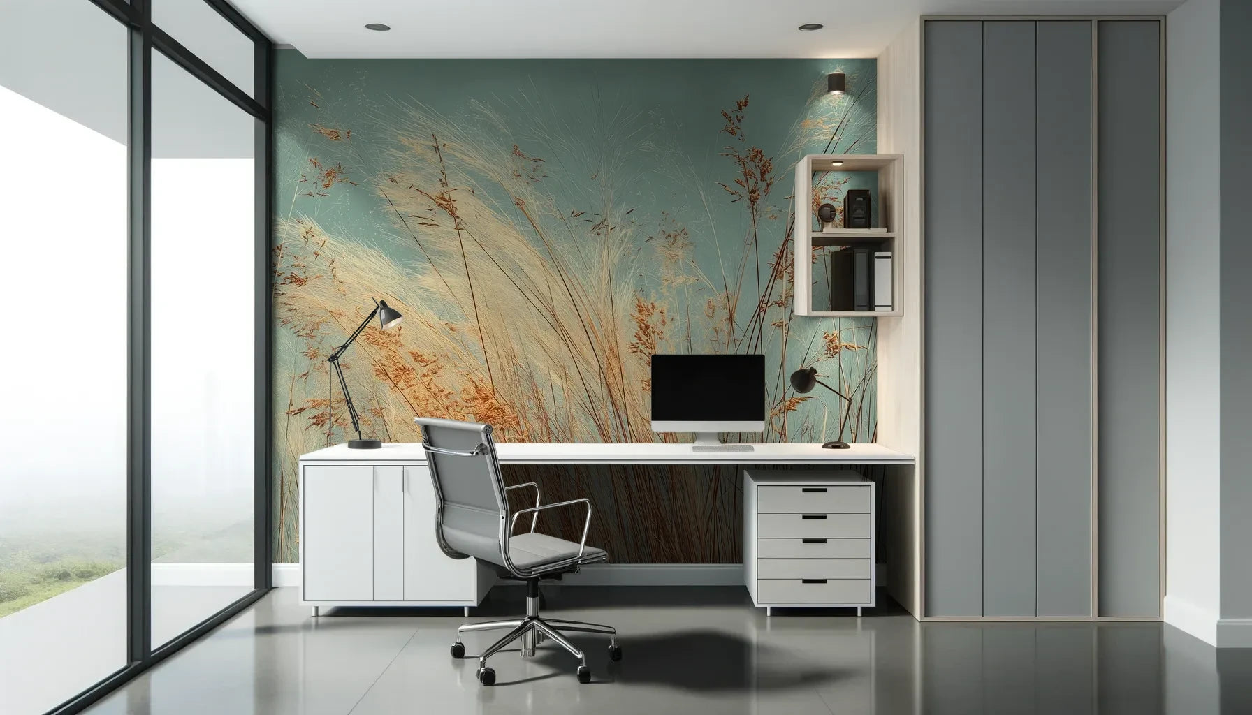 Fototapeta PASTEL HORIZON - tapeta z delikatną trawą na turkusowym tle pokazana w aranżacji biura.