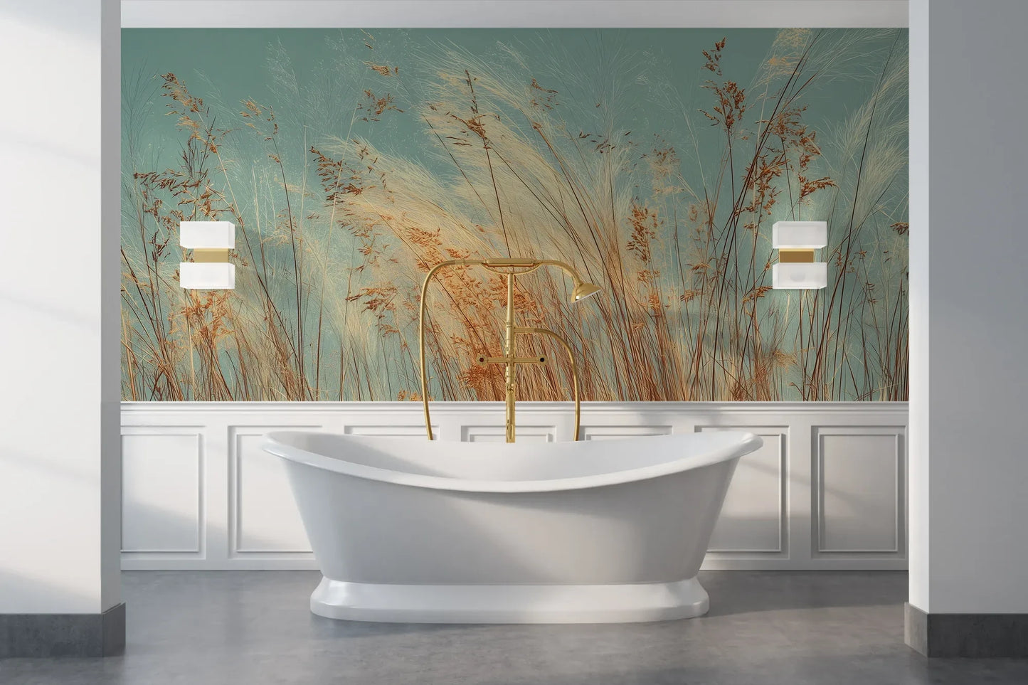 Wzór fototapety PASTEL HORIZON - tapeta z delikatną trawą na turkusowym tle pokazanej w aranżacji łazienki.