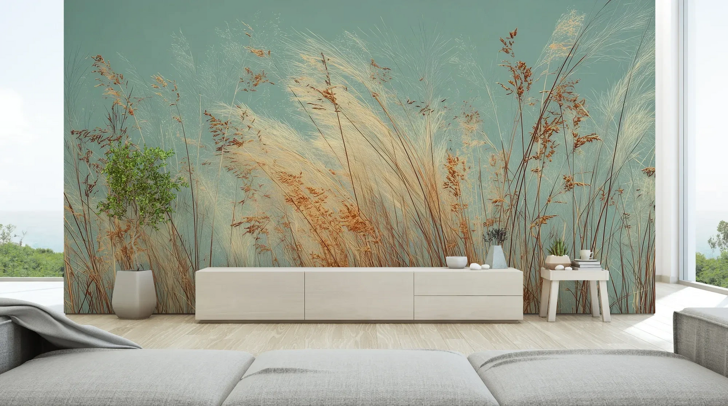 Wzór fototapety PASTEL HORIZON - tapeta z delikatną trawą na turkusowym tle pokazanej w aranżacji salonu.