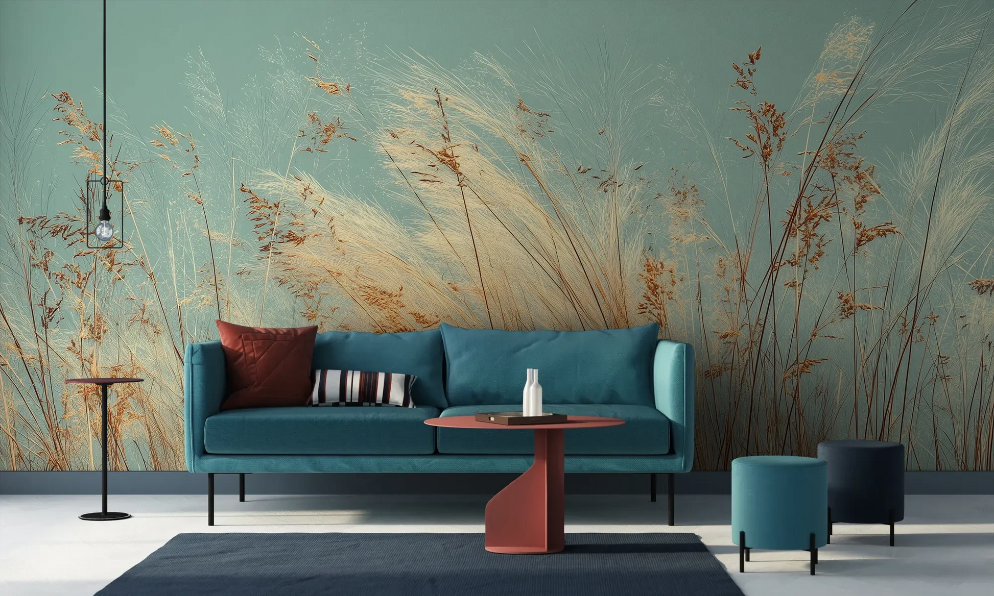 Wzór fototapety PASTEL HORIZON - tapeta z delikatną trawą na turkusowym tle pokazanej w aranżacji salonu.