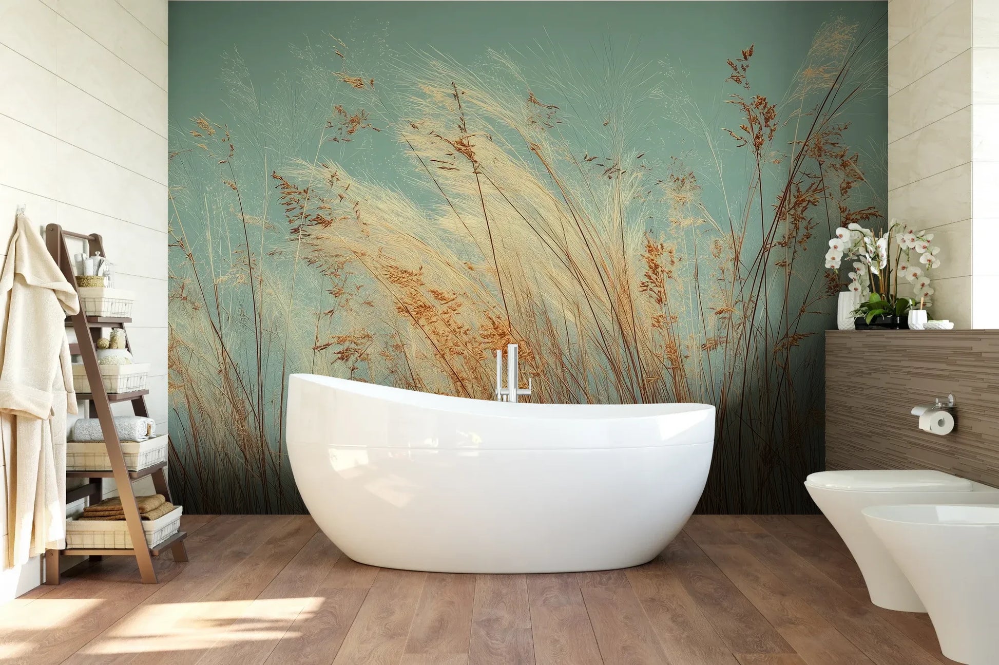 Wzór fototapety PASTEL HORIZON - tapeta z delikatną trawą na turkusowym tle pokazanej w aranżacji łazienki.