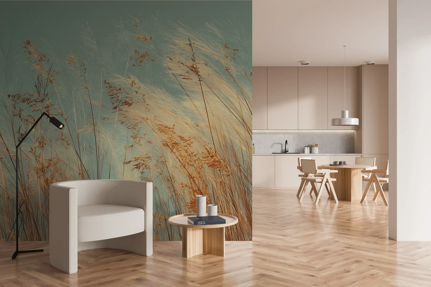 Wzór fototapety PASTEL HORIZON - tapeta z delikatną trawą na turkusowym tle pokazanej w aranżacji kuchni.