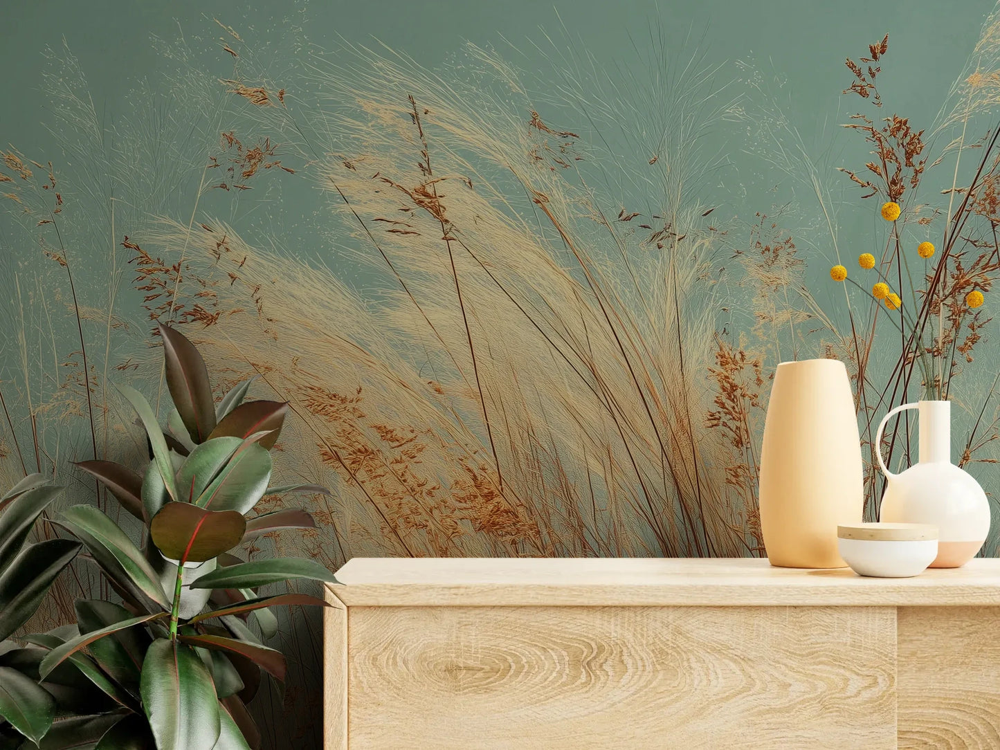Fototapeta PASTEL HORIZON - tapeta z delikatną trawą na turkusowym tle pokazana w aranżacji wnętrza z akcentem na ścianie.