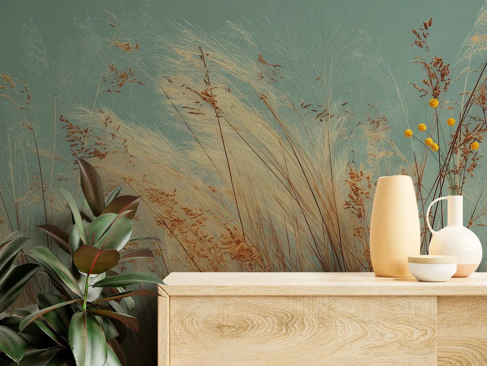 Fototapeta PASTEL HORIZON - tapeta z delikatną trawą na turkusowym tle pokazana w aranżacji wnętrza z akcentem na ścianie.
