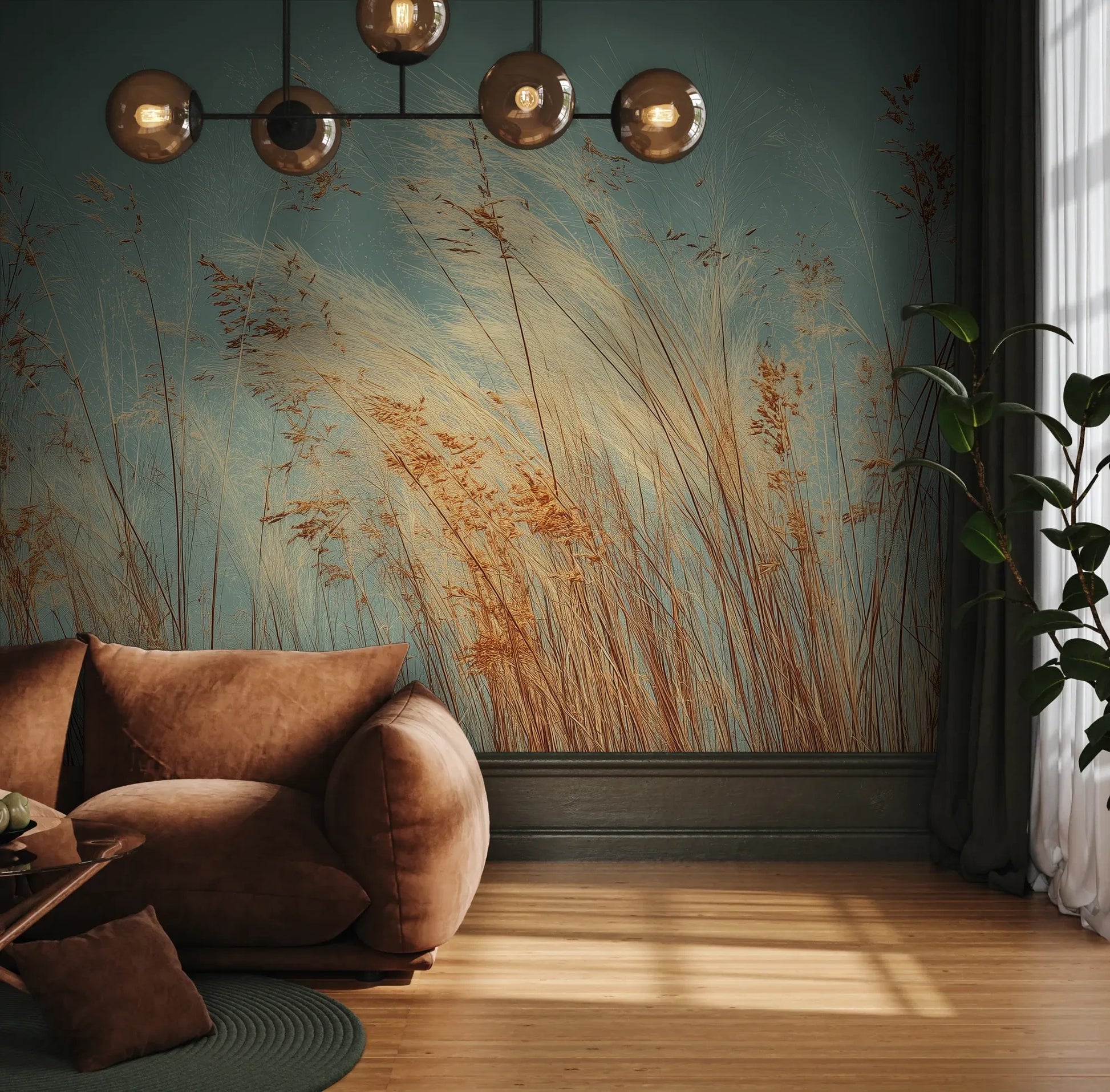 Fototapeta PASTEL HORIZON - tapeta z delikatną trawą na turkusowym tle pokazana w aranżacji wnętrza z akcentem na ścianie.