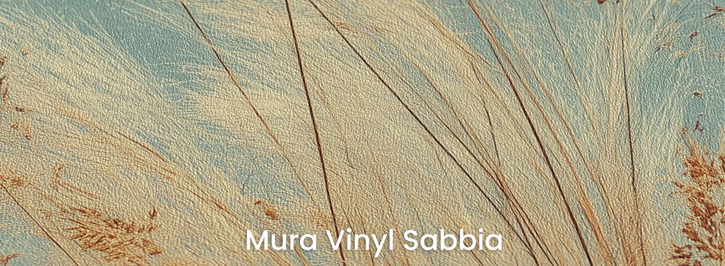 Zbliżenie na fototapetę PASTEL HORIZON - tapeta z delikatną trawą na turkusowym tle na podłożu o strukturze ziarna piasku.