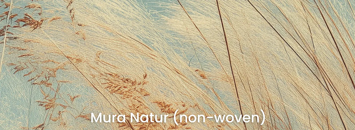 Zbliżenie na fototapetę PASTEL HORIZON - tapeta z delikatną trawą na turkusowym tle na naturalnym podłożu ekologicznym.