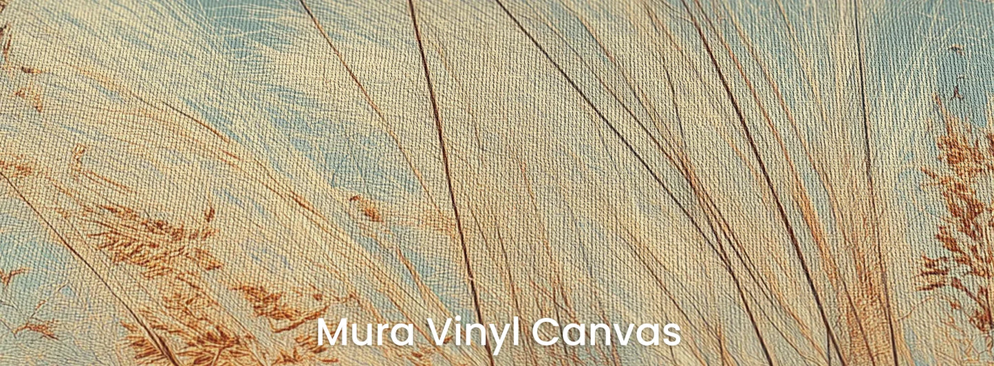 Zbliżenie na fototapetę PASTEL HORIZON - tapeta z delikatną trawą na turkusowym tle na podłożu o fakturze płótna.