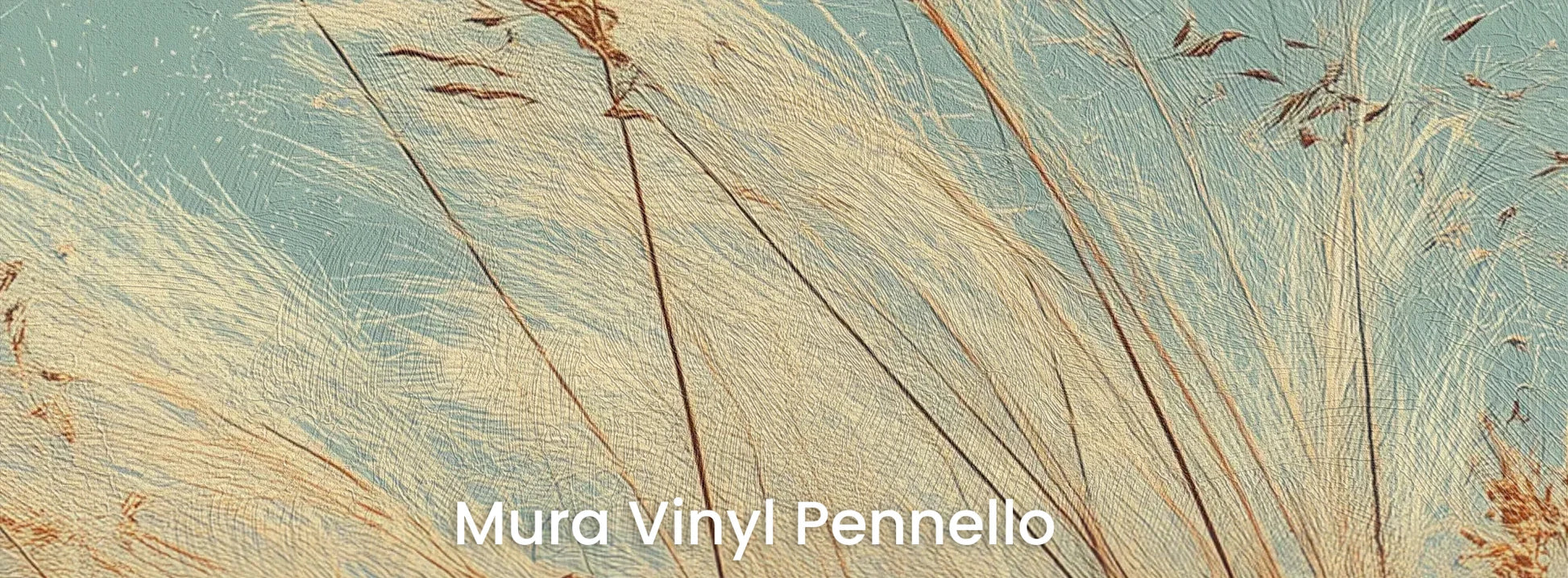 Zbliżenie na fototapetę PASTEL HORIZON - tapeta z delikatną trawą na turkusowym tle na podłożu o fakturze pociągnięć pędzla.