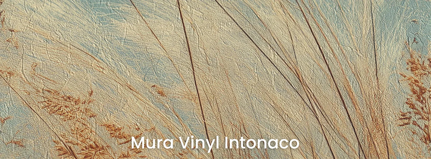 Zbliżenie na fototapetę PASTEL HORIZON - tapeta z delikatną trawą na turkusowym tle na podłożu o strukturze tartego tynku.