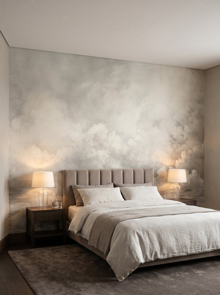 Fototapeta artystyczna o nazwie MISTY REALM CANVAS w aranżacji wnętrza: apartament w pięciogwiazdkowym hotelu w stylu quiet luxury.