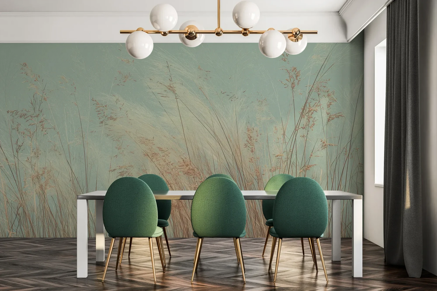 Fototapeta SAGE WHISPERS - tapeta z delikatną trawą na błękitnym tle pokazana w aranżacji jadalni.