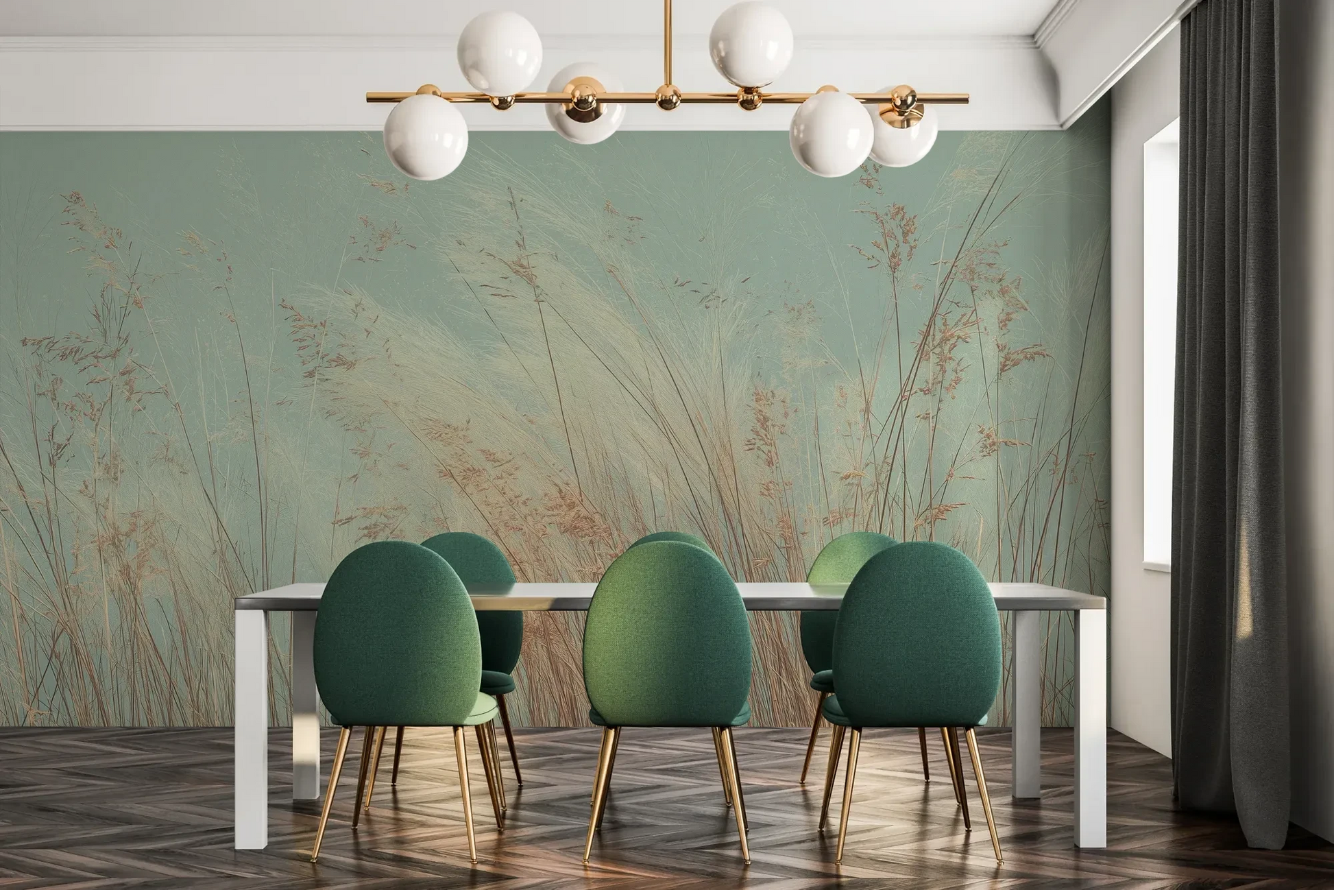 Fototapeta SAGE WHISPERS - tapeta z delikatną trawą na błękitnym tle pokazana w aranżacji jadalni.