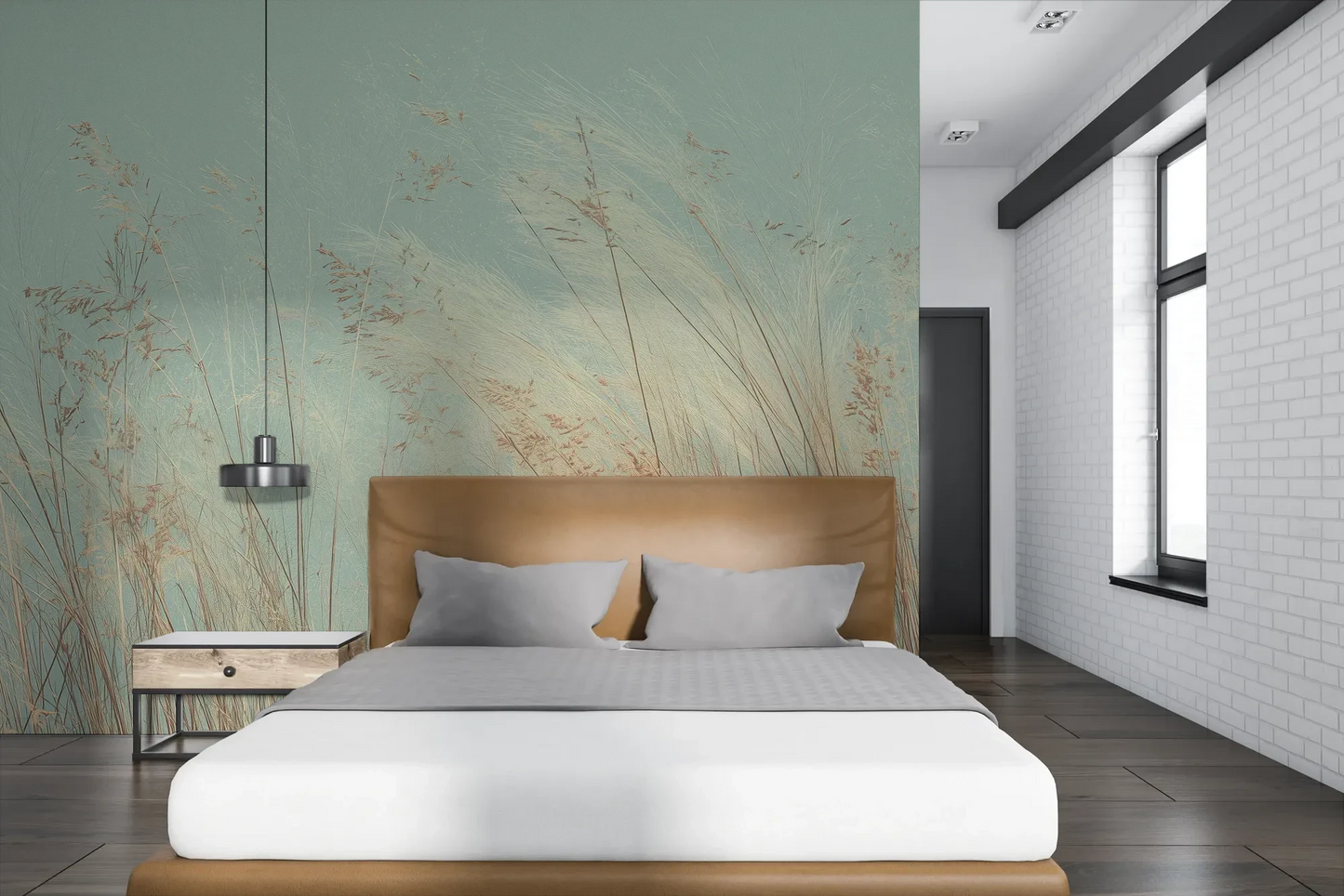 Wzór fototapety SAGE WHISPERS - tapeta z delikatną trawą na błękitnym tle pokazanej w aranżacji sypialni.