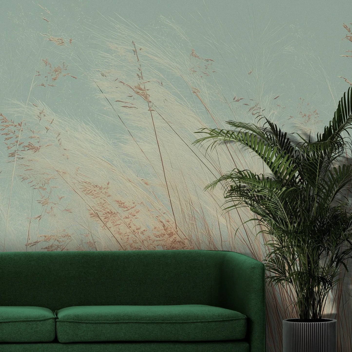 Fototapeta SAGE WHISPERS - tapeta z delikatną trawą na błękitnym tle pokazana w aranżacji wnętrza z akcentem na ścianie.