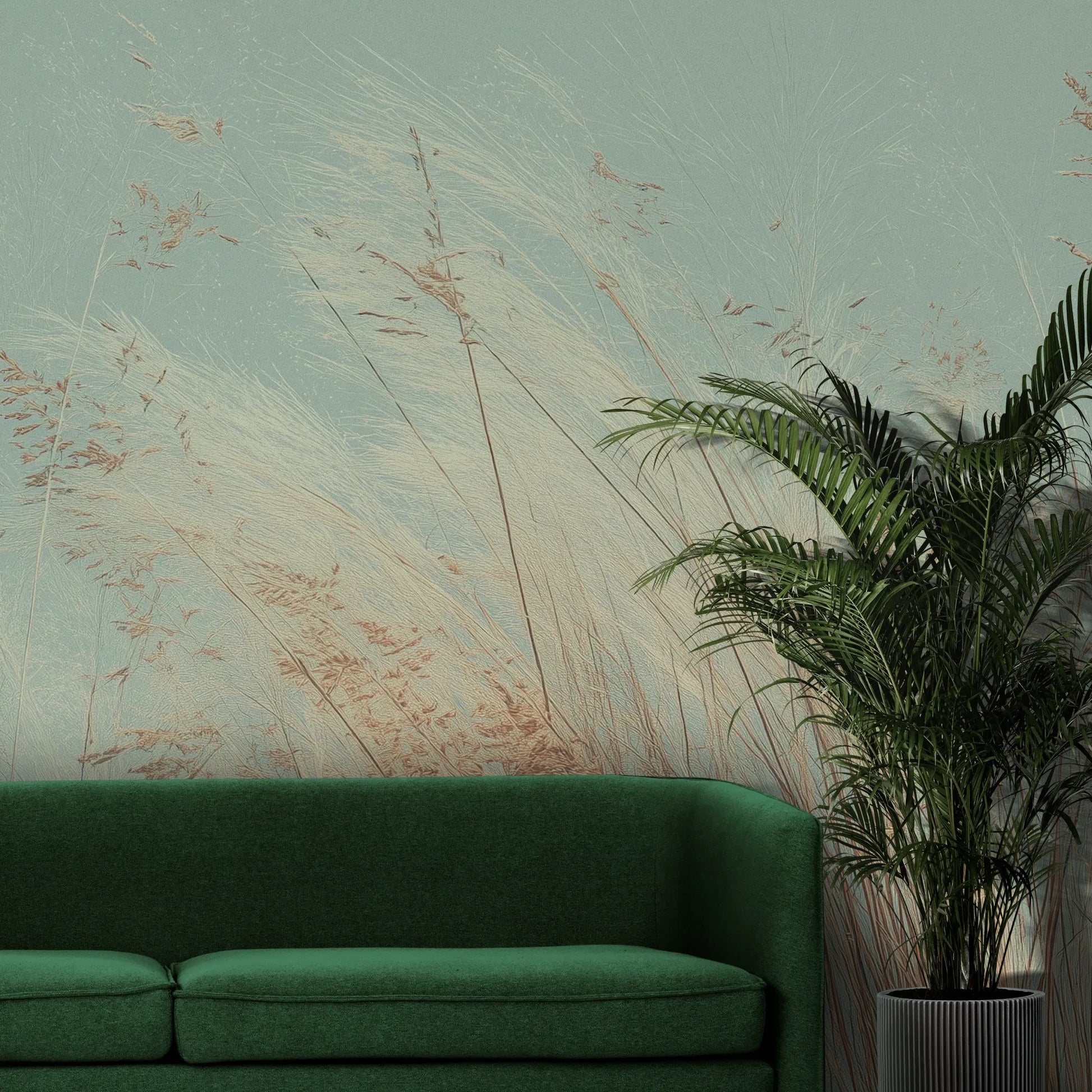 Fototapeta SAGE WHISPERS - tapeta z delikatną trawą na błękitnym tle pokazana w aranżacji wnętrza z akcentem na ścianie.