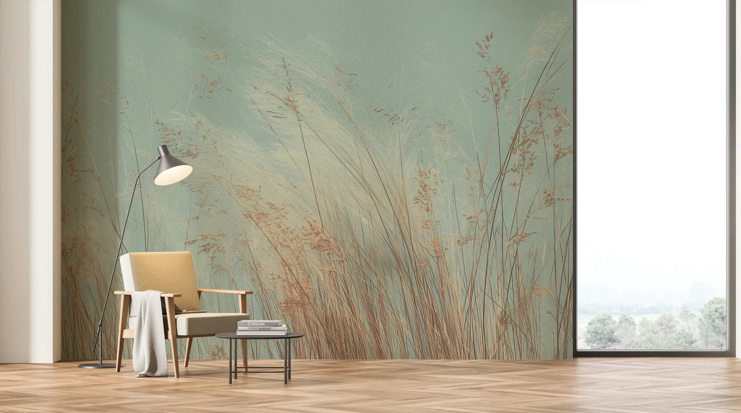 Wzór fototapety SAGE WHISPERS - tapeta z delikatną trawą na błękitnym tle pokazanej w aranżacji salonu.