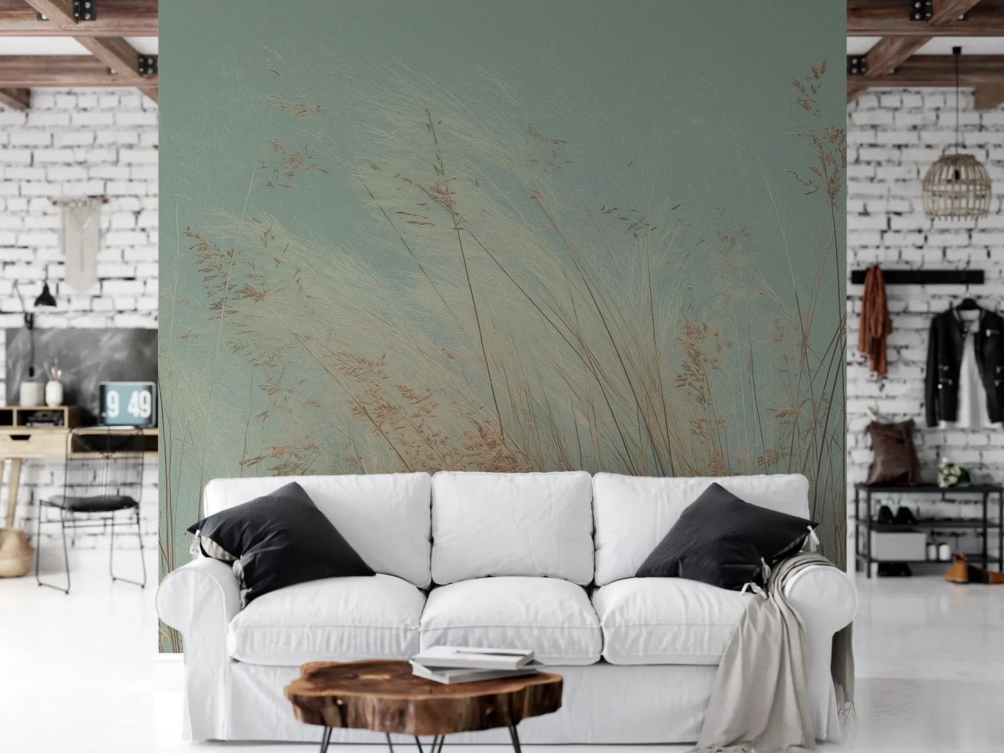 Wzór fototapety SAGE WHISPERS - tapeta z delikatną trawą na błękitnym tle pokazanej w aranżacji salonu.