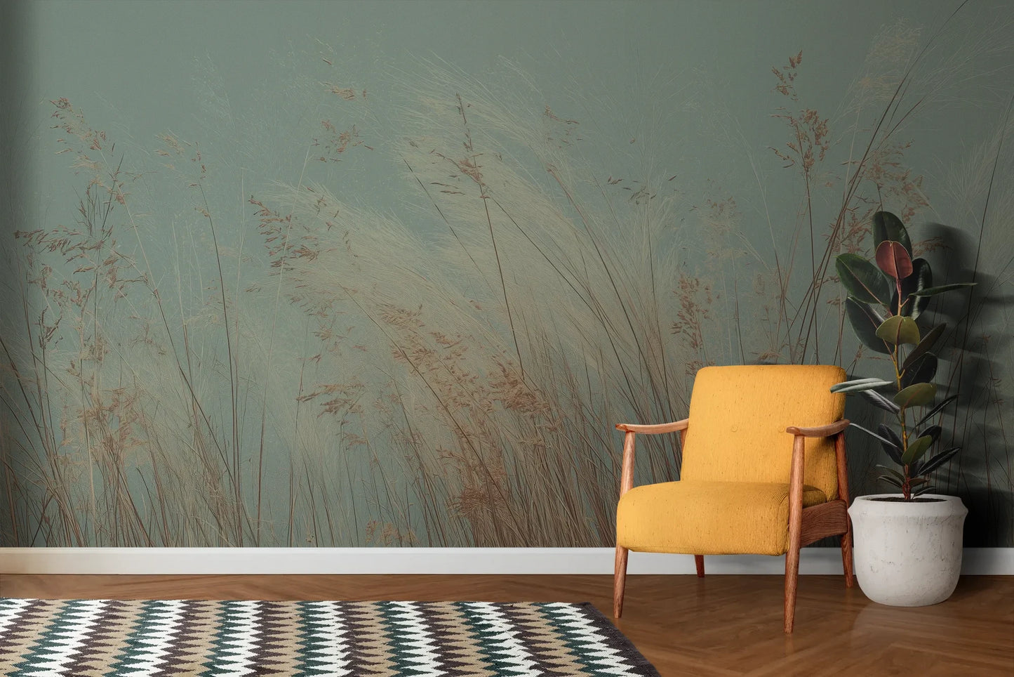 Wzór fototapety SAGE WHISPERS - tapeta z delikatną trawą na błękitnym tle pokazanej w aranżacji salonu.