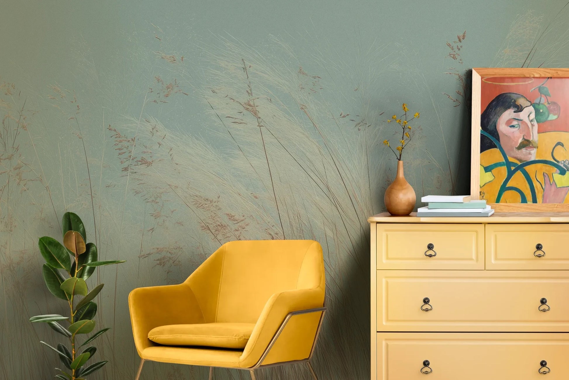 Wzór fototapety SAGE WHISPERS - tapeta z delikatną trawą na błękitnym tle pokazanej w aranżacji salonu.