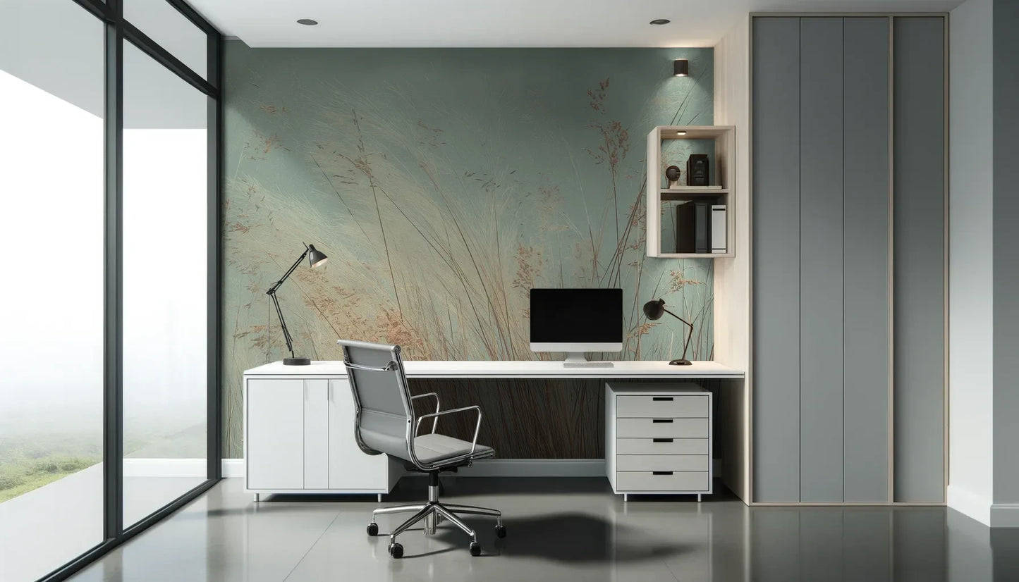 Fototapeta SAGE WHISPERS - tapeta z delikatną trawą na błękitnym tle pokazana w aranżacji biura.