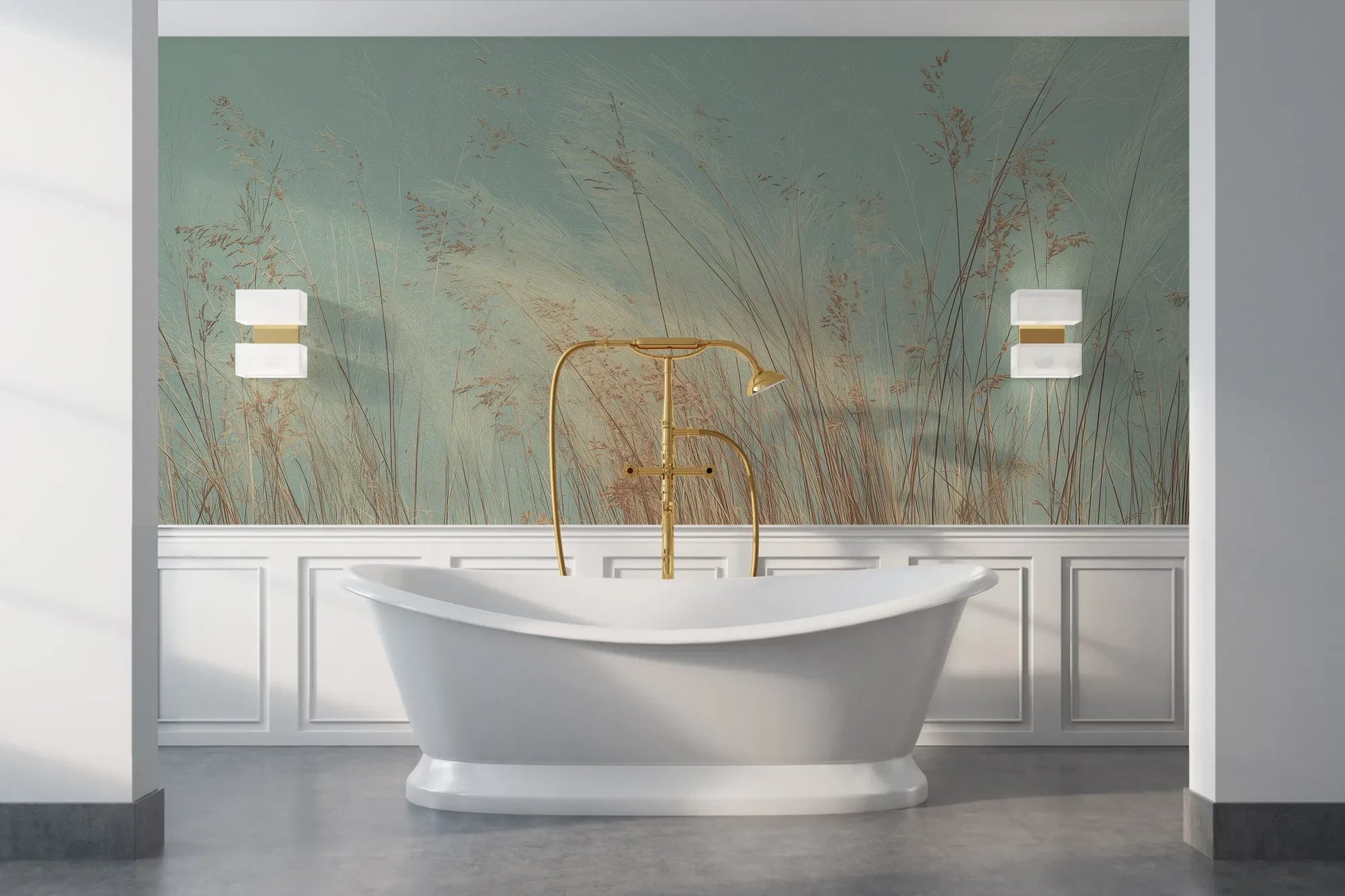 Wzór fototapety SAGE WHISPERS - tapeta z delikatną trawą na błękitnym tle pokazanej w aranżacji łazienki.