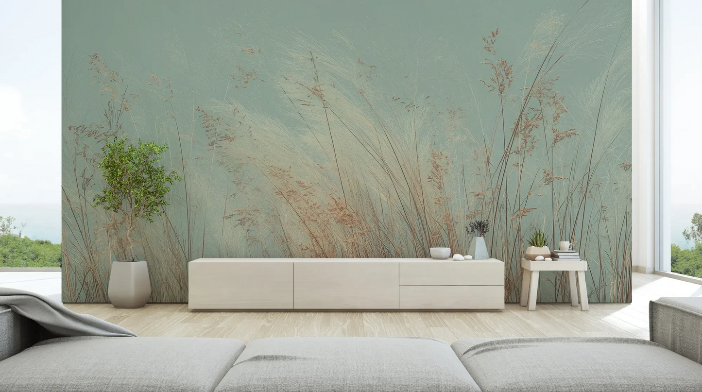 Wzór fototapety SAGE WHISPERS - tapeta z delikatną trawą na błękitnym tle pokazanej w aranżacji salonu.
