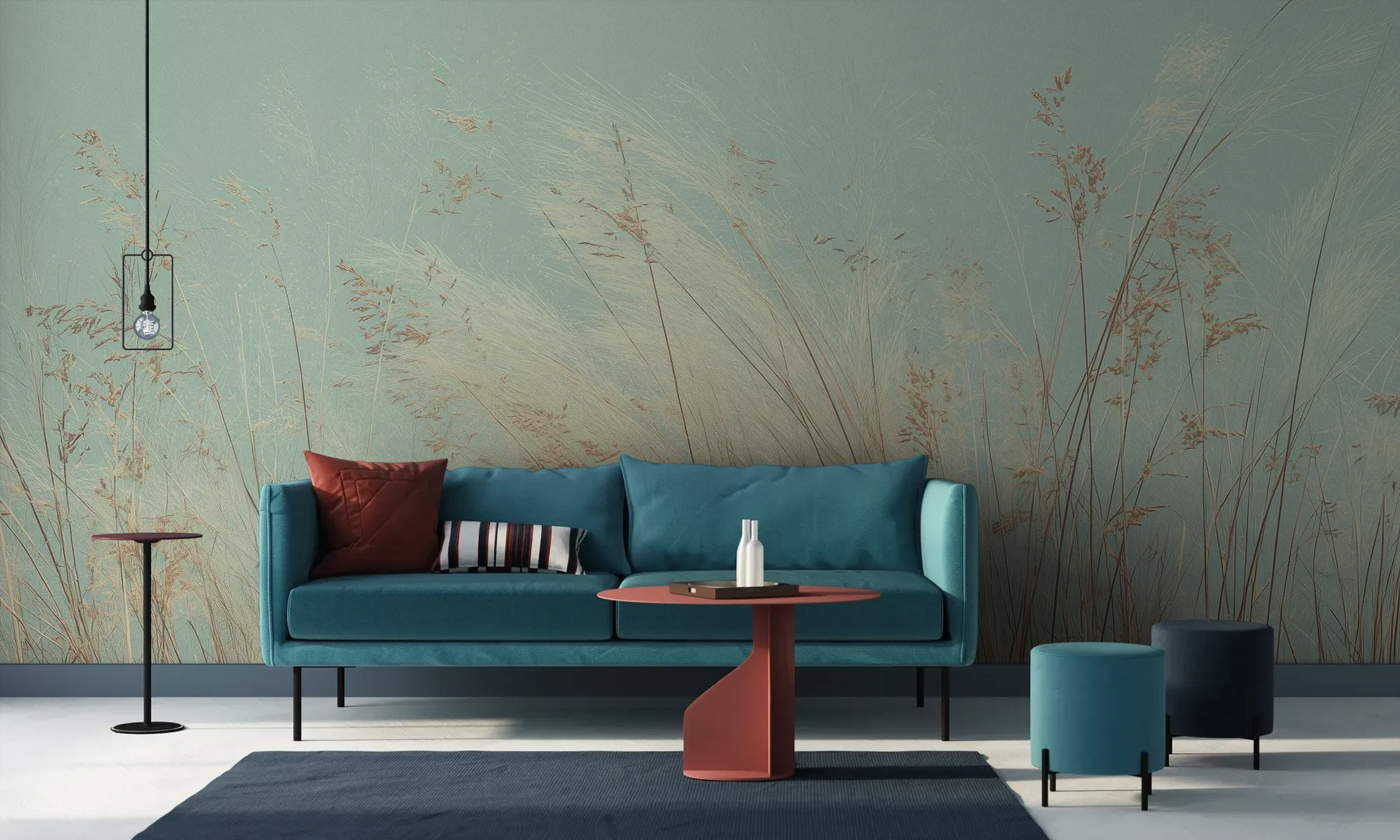 Wzór fototapety SAGE WHISPERS - tapeta z delikatną trawą na błękitnym tle pokazanej w aranżacji salonu.