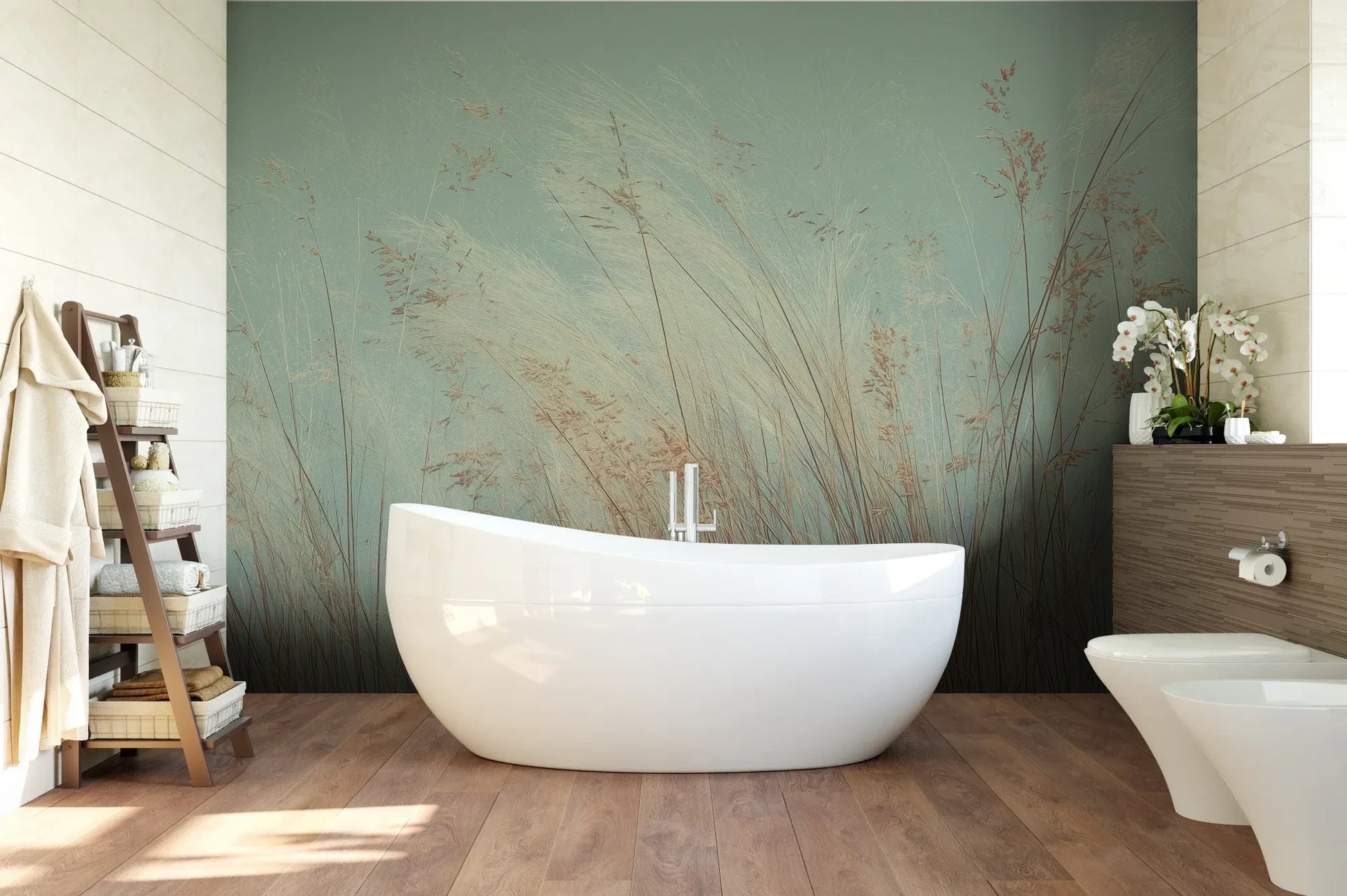 Wzór fototapety SAGE WHISPERS - tapeta z delikatną trawą na błękitnym tle pokazanej w aranżacji łazienki.