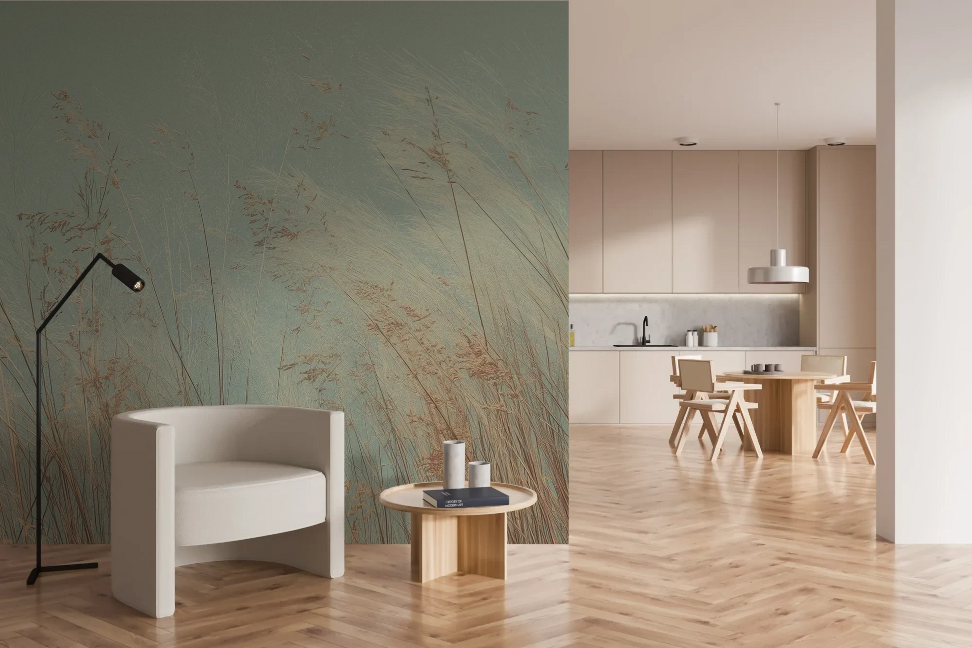 Wzór fototapety SAGE WHISPERS - tapeta z delikatną trawą na błękitnym tle pokazanej w aranżacji kuchni.