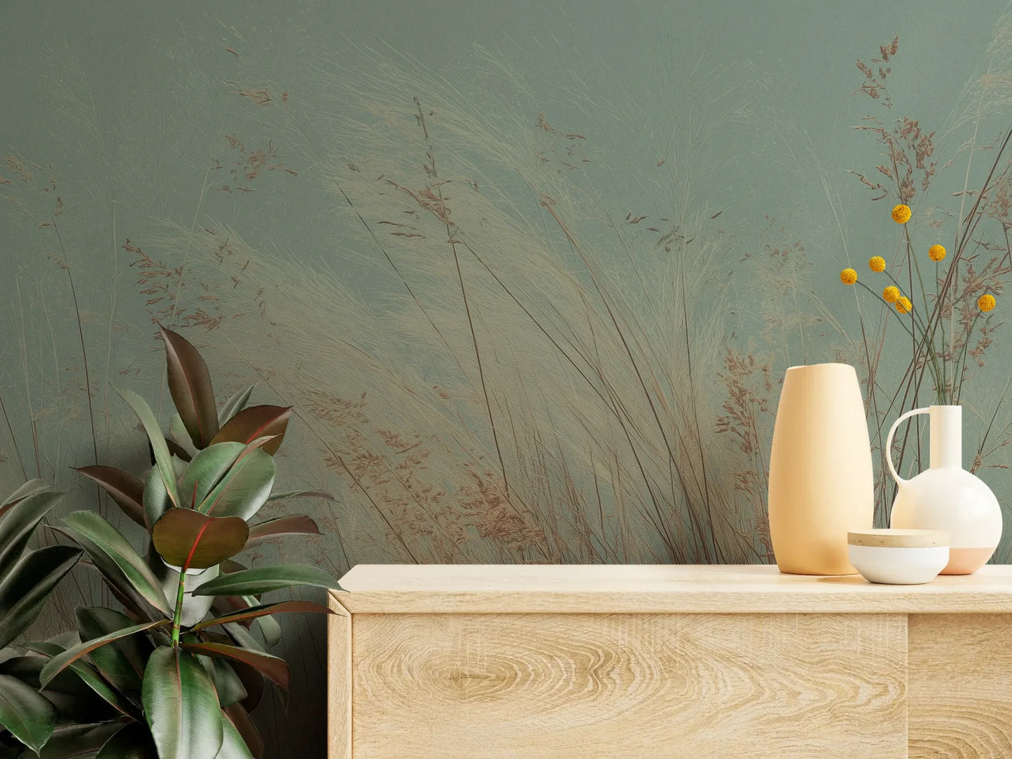 Fototapeta SAGE WHISPERS - tapeta z delikatną trawą na błękitnym tle pokazana w aranżacji wnętrza z akcentem na ścianie.