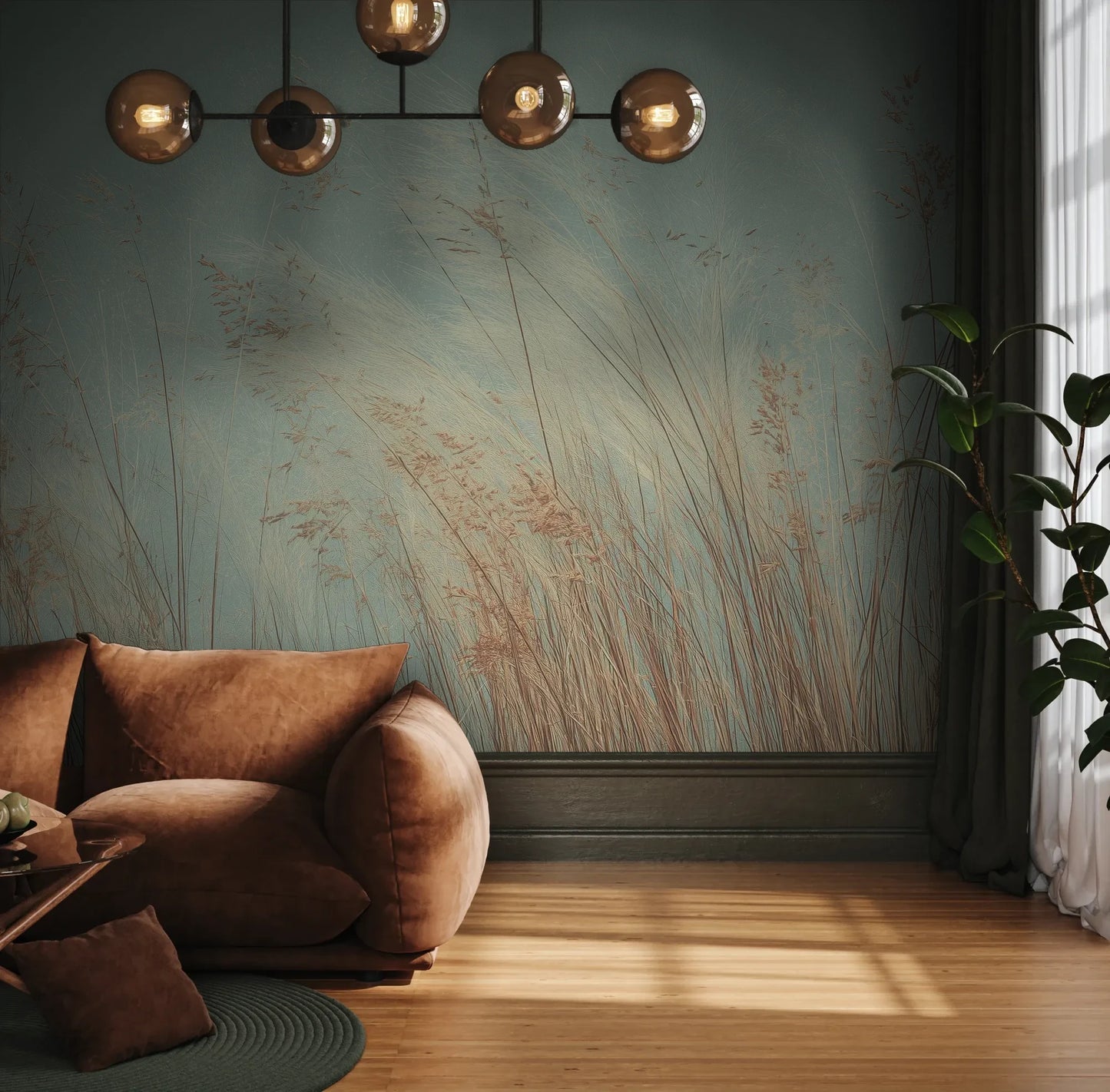 Fototapeta SAGE WHISPERS - tapeta z delikatną trawą na błękitnym tle pokazana w aranżacji wnętrza z akcentem na ścianie.