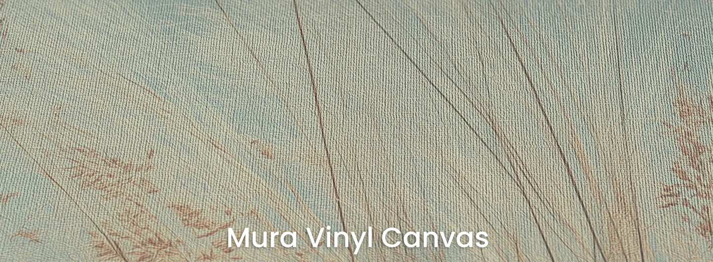 Zbliżenie na fototapetę SAGE WHISPERS - tapeta z delikatną trawą na błękitnym tle na podłożu o fakturze płótna.