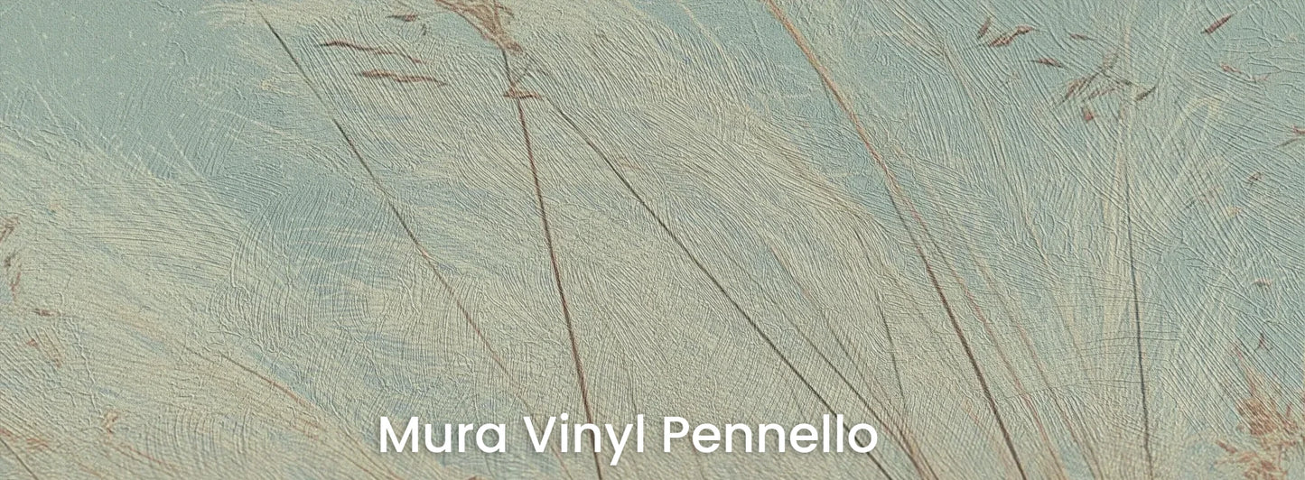 Zbliżenie na fototapetę SAGE WHISPERS - tapeta z delikatną trawą na błękitnym tle na podłożu o fakturze pociągnięć pędzla.