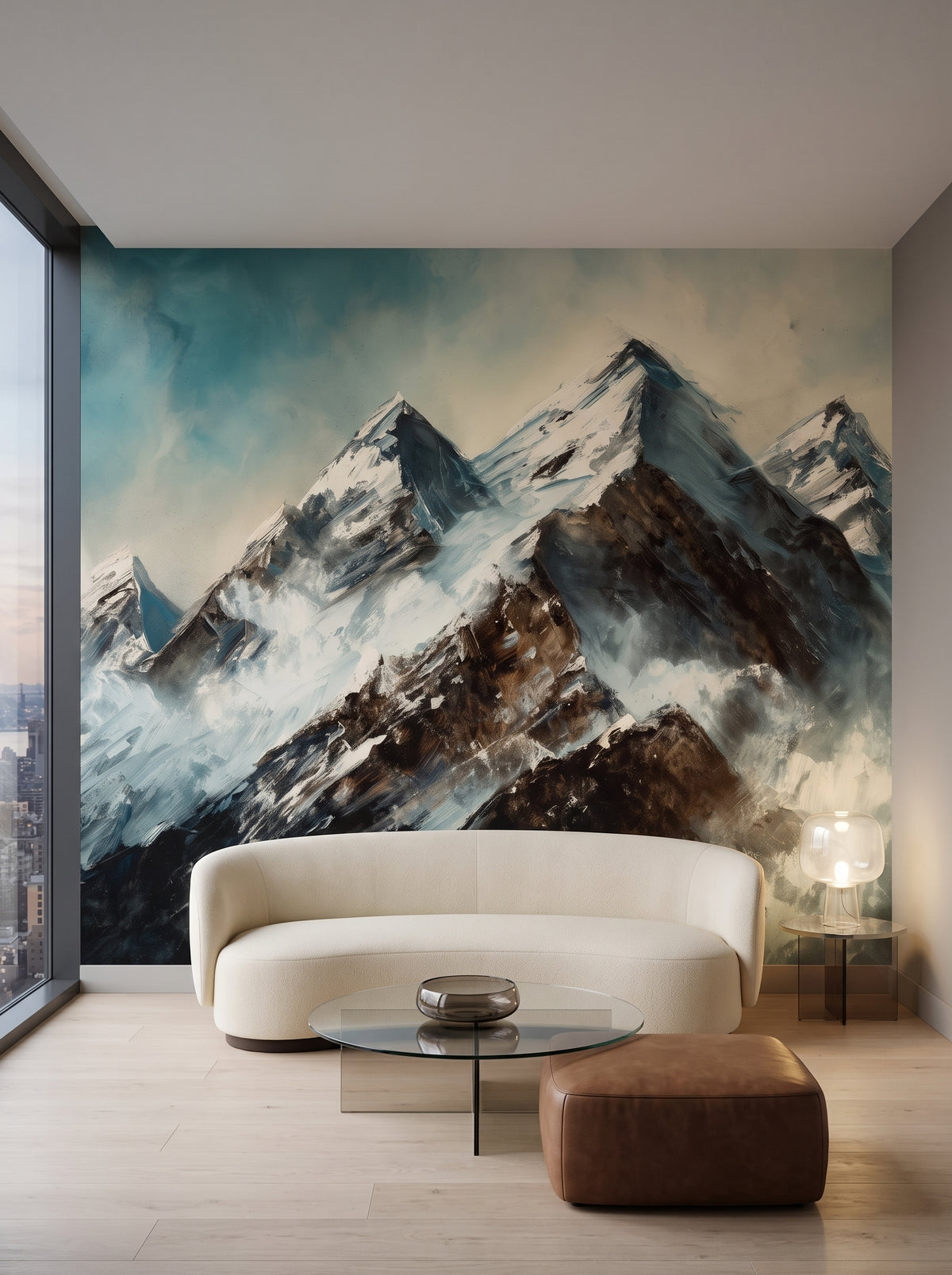 Fototapeta artystyczna o nazwie Iced Giants w aranżacji wnętrza: salon w penthouse na Manhattanie o zmierzchu.