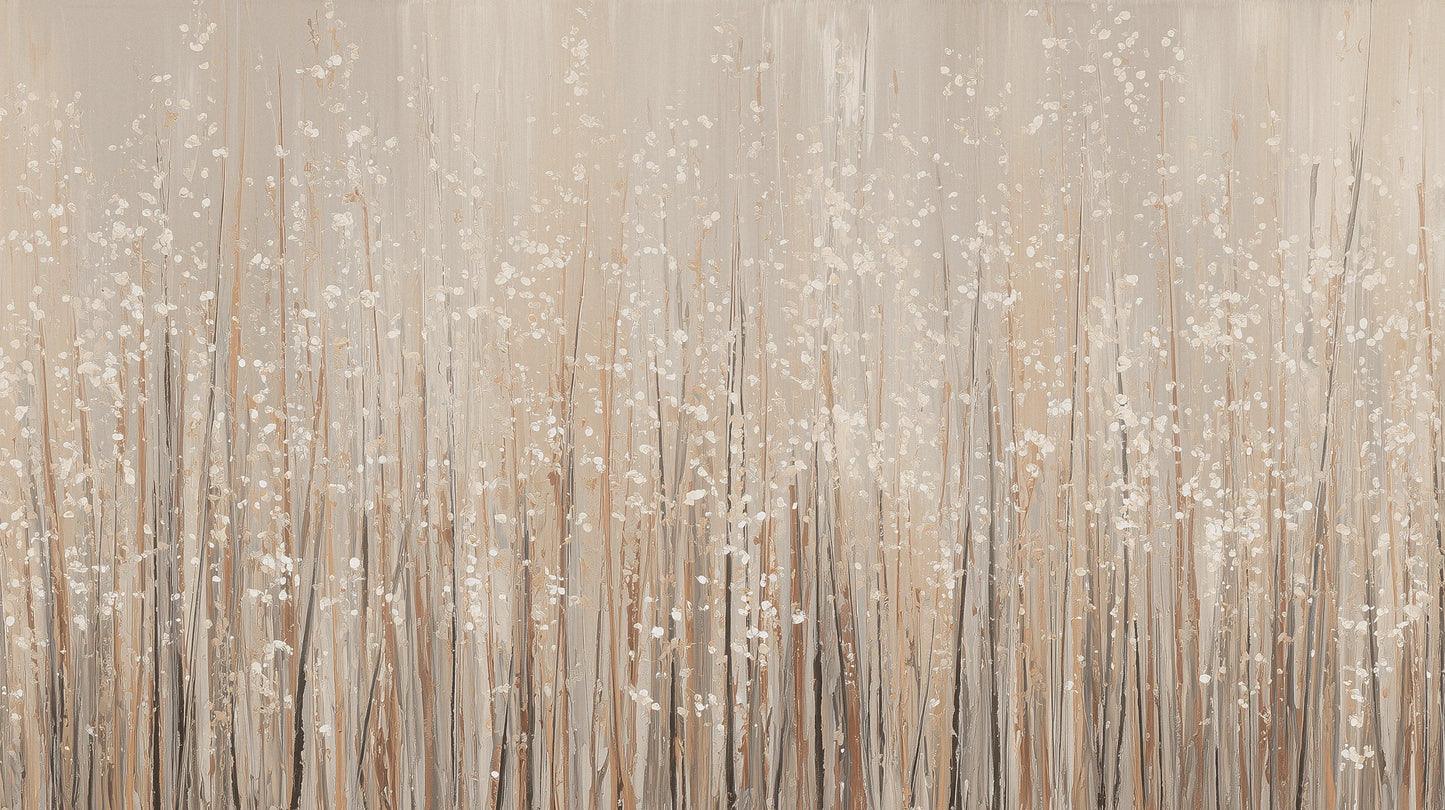 Prezentacja całego wzoru fototapety o nazwie GOLDEN WHISPERS - tapeta z delikatnymi źdźbłami traw w beżowej tonacji