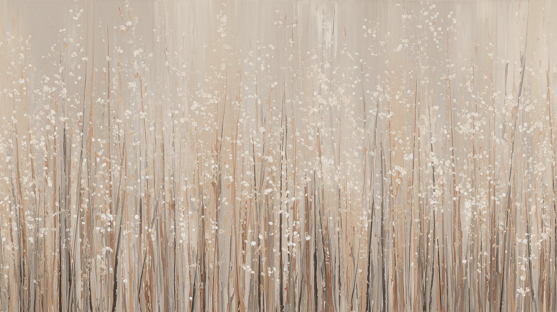 Prezentacja całego wzoru fototapety o nazwie GOLDEN WHISPERS - tapeta z delikatnymi źdźbłami traw w beżowej tonacji