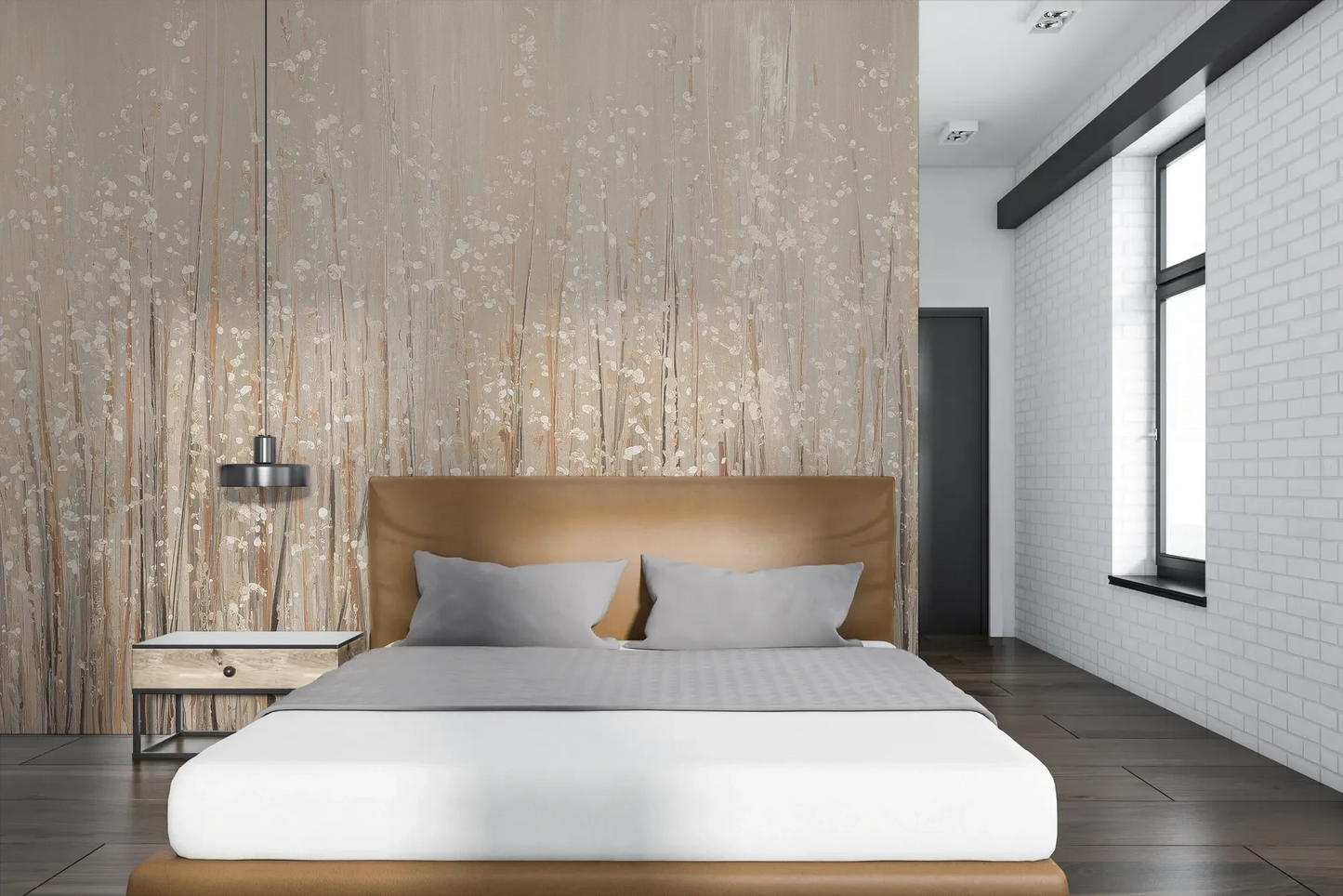 Wzór fototapety GOLDEN WHISPERS - tapeta z delikatnymi źdźbłami traw w beżowej tonacji pokazanej w aranżacji sypialni.