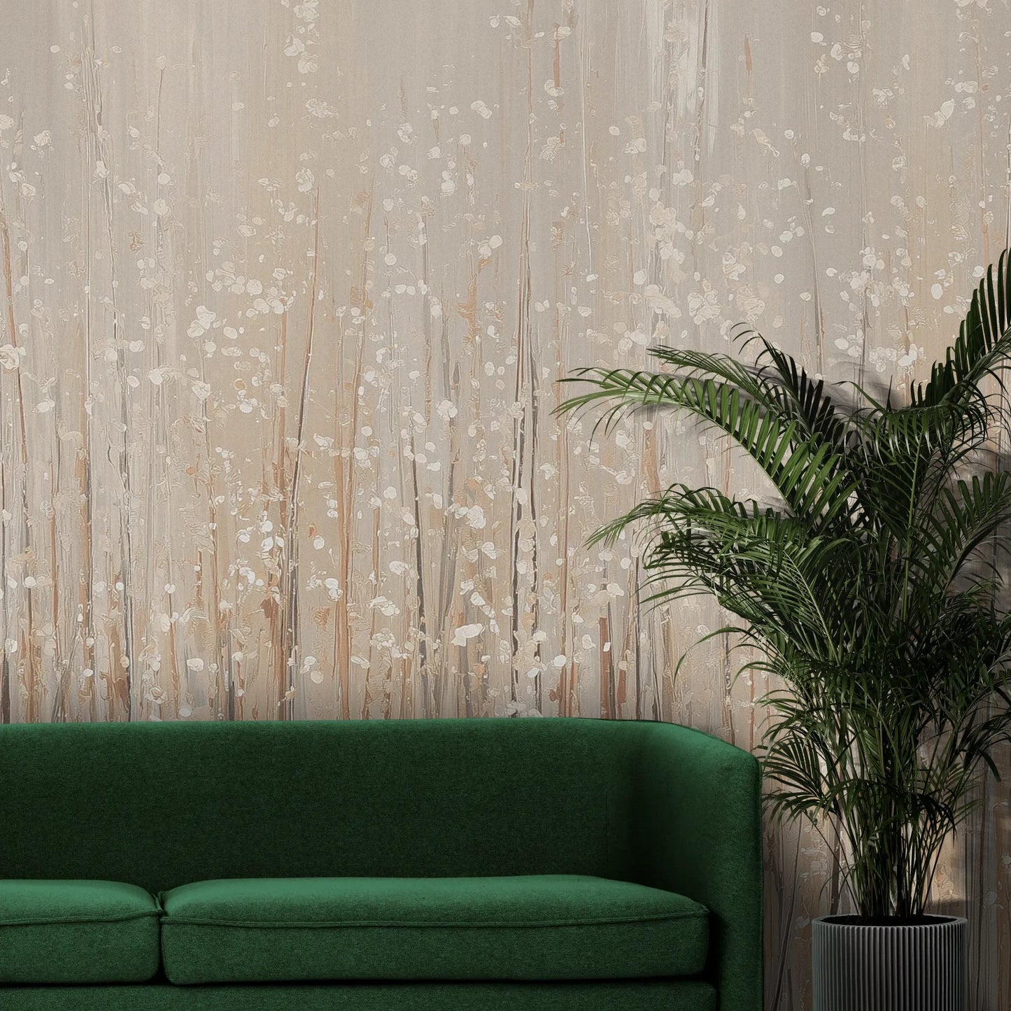 Fototapeta GOLDEN WHISPERS - tapeta z delikatnymi źdźbłami traw w beżowej tonacji pokazana w aranżacji wnętrza z akcentem na ścianie.