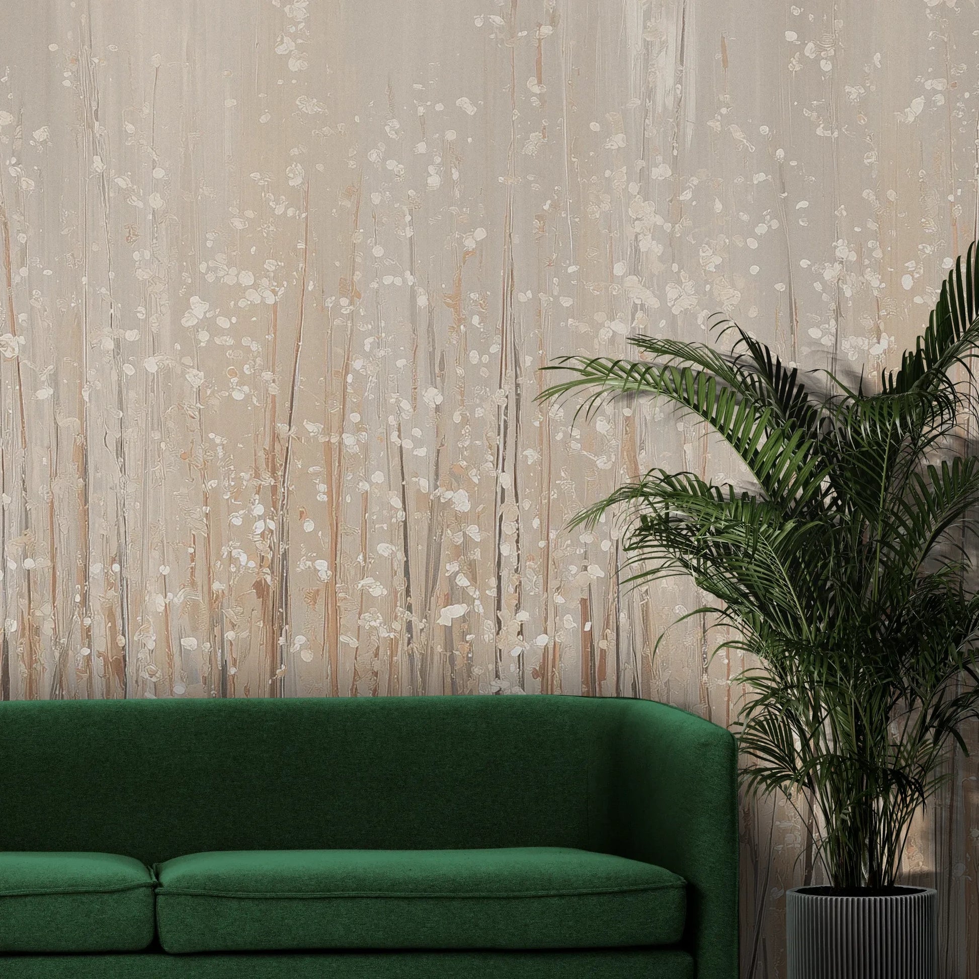 Fototapeta GOLDEN WHISPERS - tapeta z delikatnymi źdźbłami traw w beżowej tonacji pokazana w aranżacji wnętrza z akcentem na ścianie.