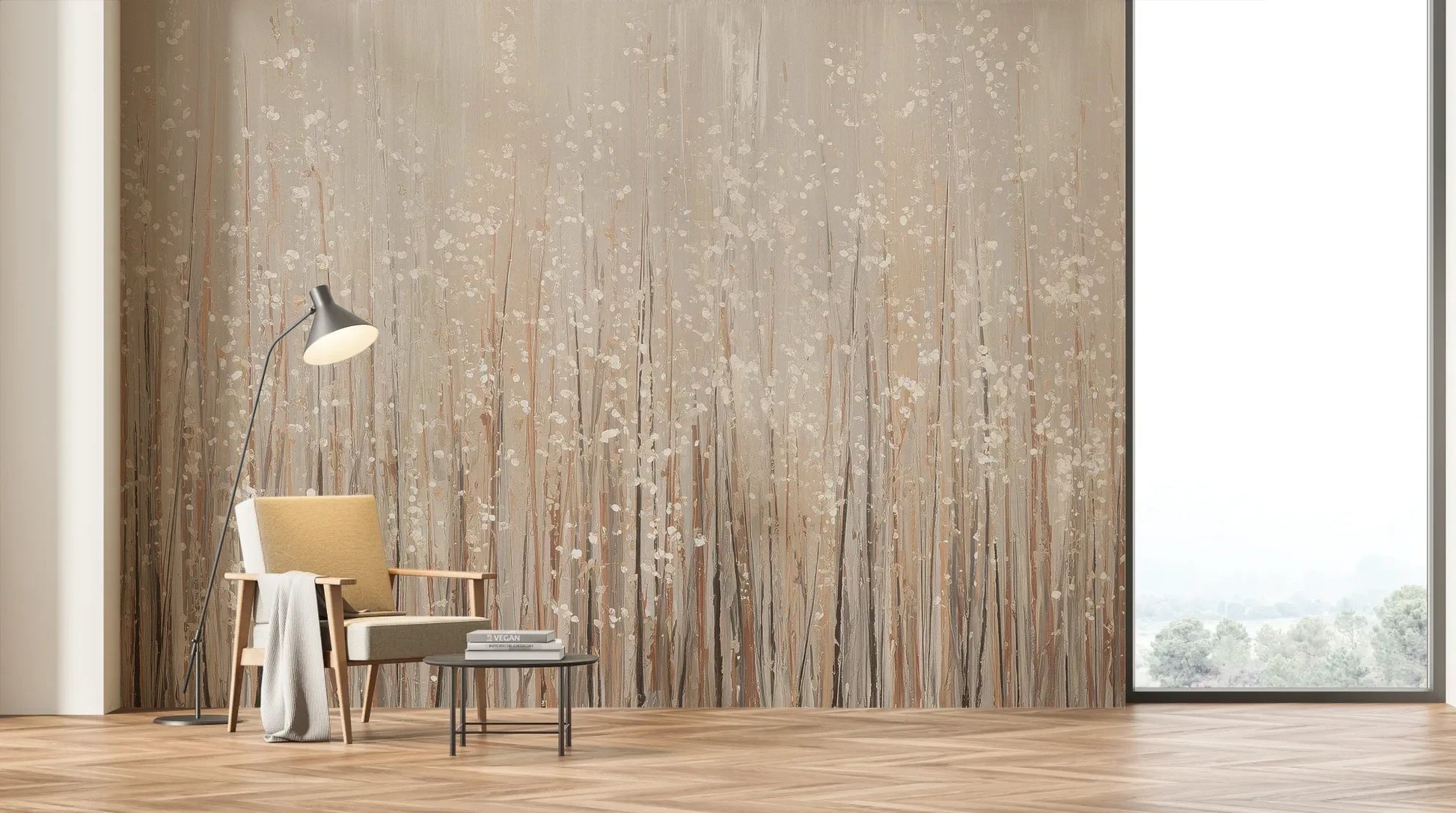 Wzór fototapety GOLDEN WHISPERS - tapeta z delikatnymi źdźbłami traw w beżowej tonacji pokazanej w aranżacji salonu.