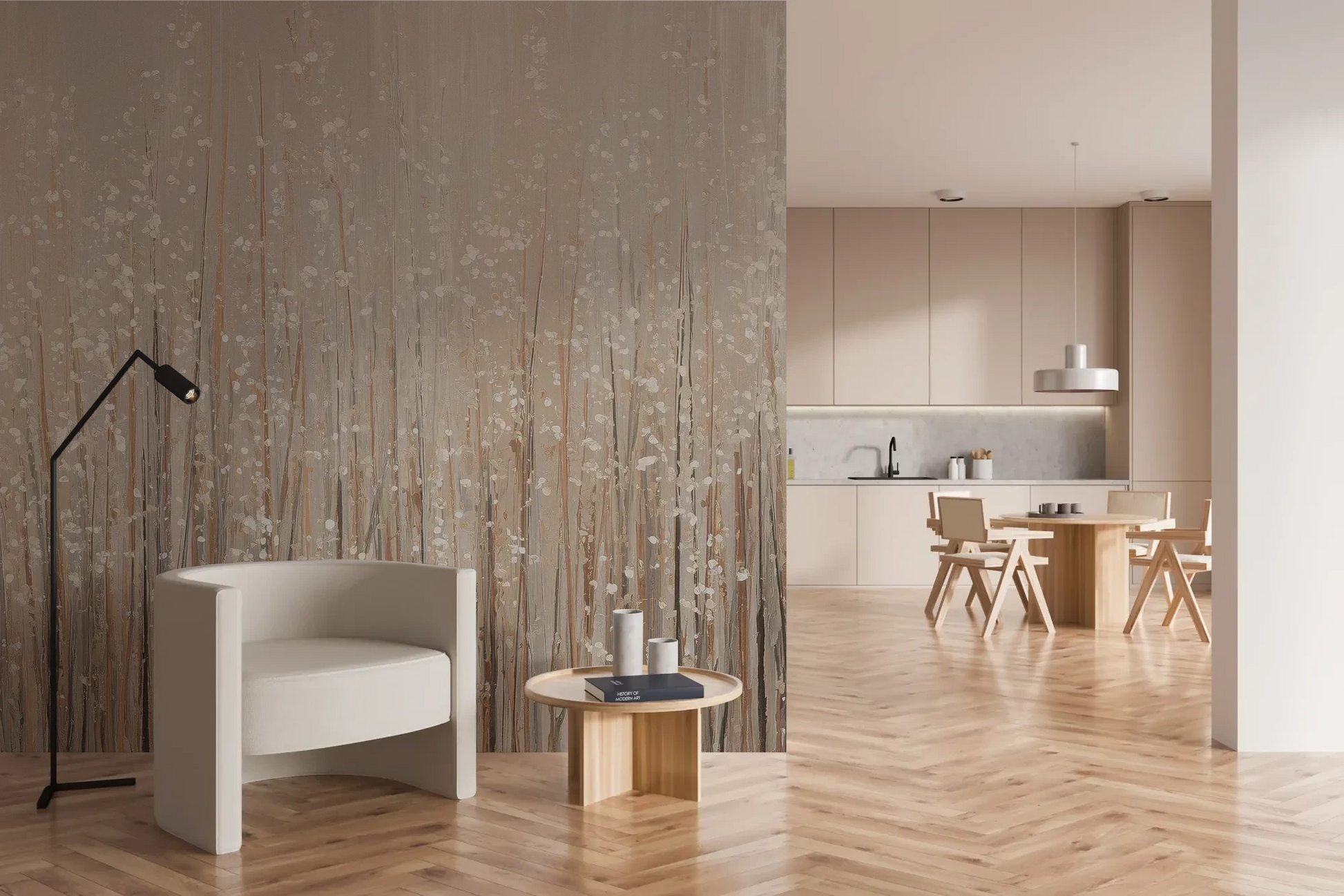 Wzór fototapety GOLDEN WHISPERS - tapeta z delikatnymi źdźbłami traw w beżowej tonacji pokazanej w aranżacji kuchni.